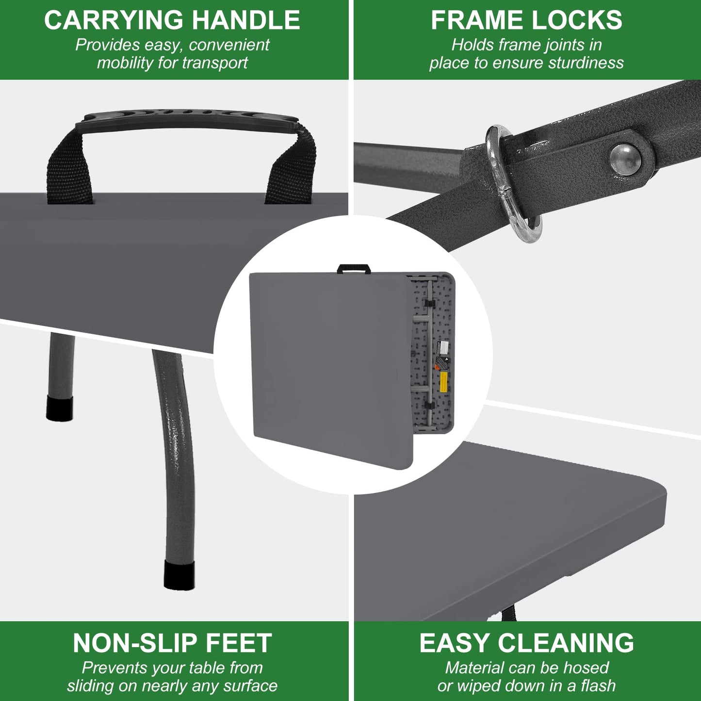 Rainberg 6ft Heavy Duty Folding Table, Tabletop & Sturdy Metal Frame, Foldable Table with Handle, Waterproof, Portable, & Easy Assembly, Ideal for Parties, BBQ, Camping, Beach, Indoor & Outdoor Use