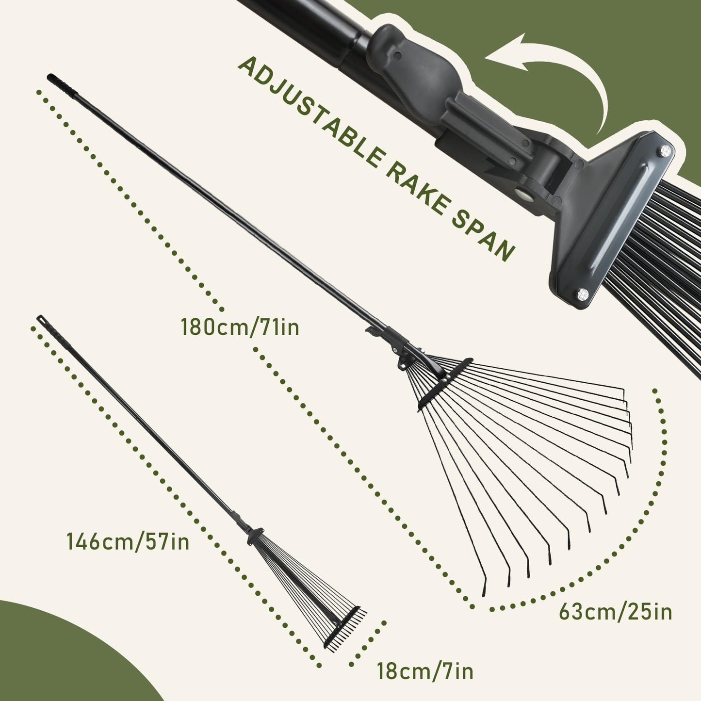 Mitclear Garden Rake with Telescopic Handle(71IN), 7-25IN Adjustable Leaf Rake for Gardening, Hand Rake with 25 Tines for Lawn, Yard, Artificial Grass