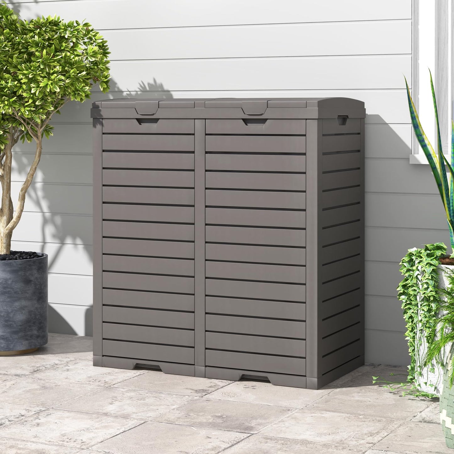 COSTWAY Outdoor Double Bin Trash Can, 235L Waterproof Resin Garbage Can Container with Drip Tray, Dual Lid Closure Design and Handles, Outside Waste Trash Bin for Garden Patio Backyard