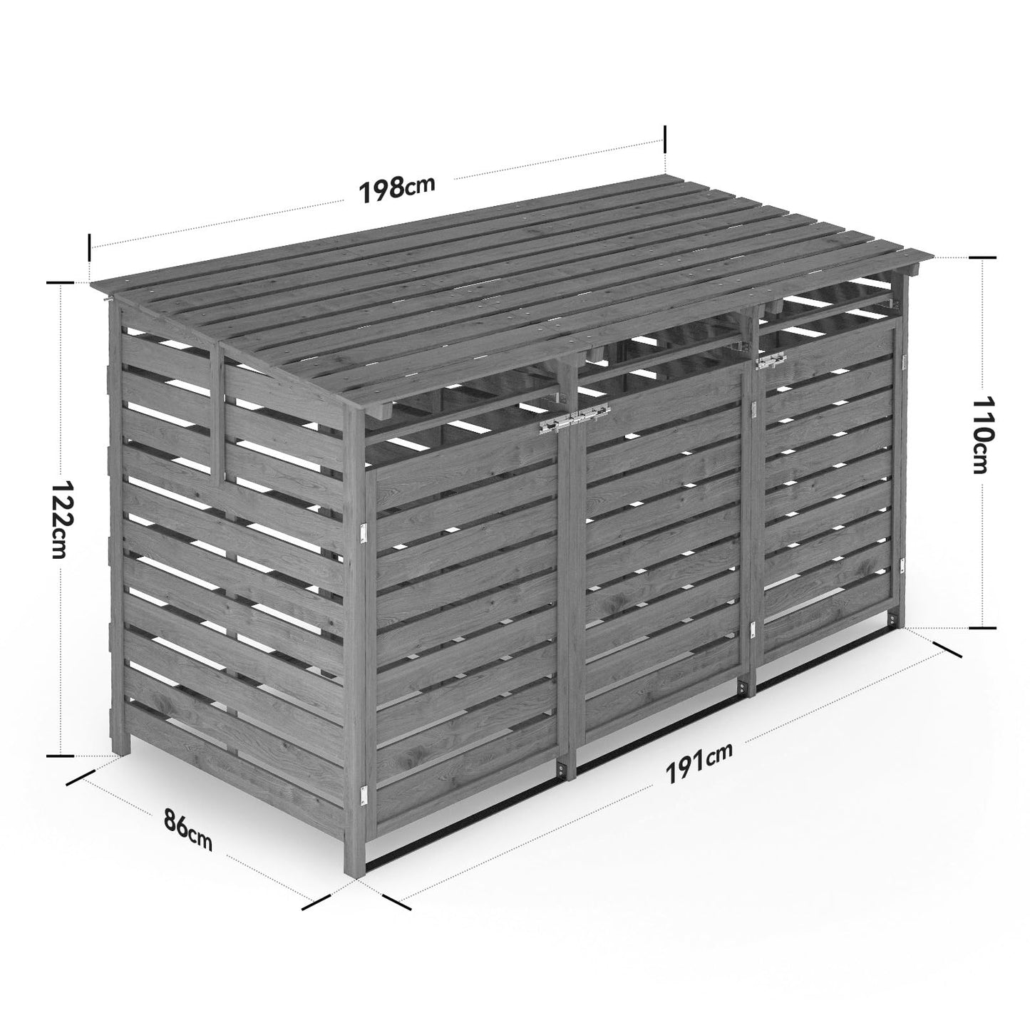 Warmiehomy Wheelie Bin Storage 3 Wheelie Bin Hideaways Outdoor Bin Shed 3 Bins Wooden Wheelie Bin Storage Garden Large Bin Store 191cm x 86cm x 122cm