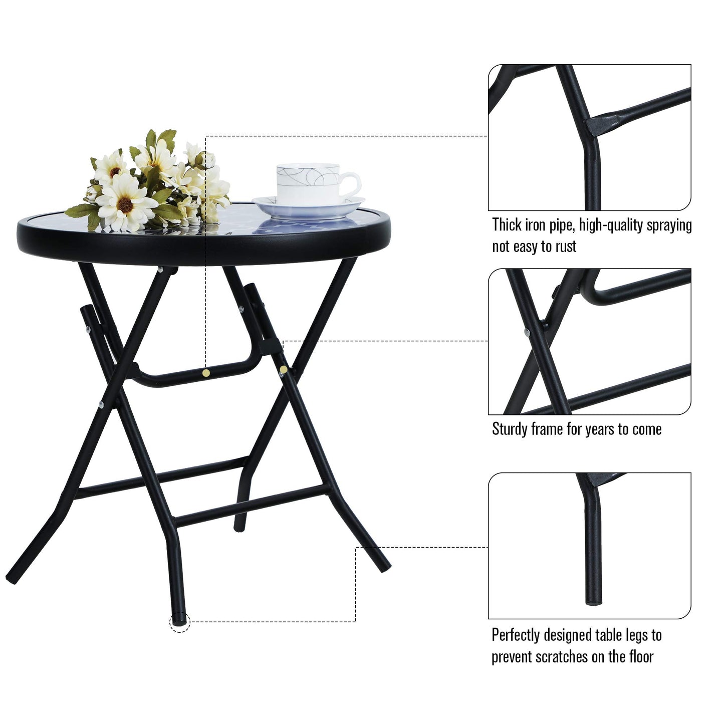 PHI VILLA Folding Side Table, Foldable Coffee Table, Outdoor Garden Table, Small Round Patio Table for Outdoor and Indoor-Blue