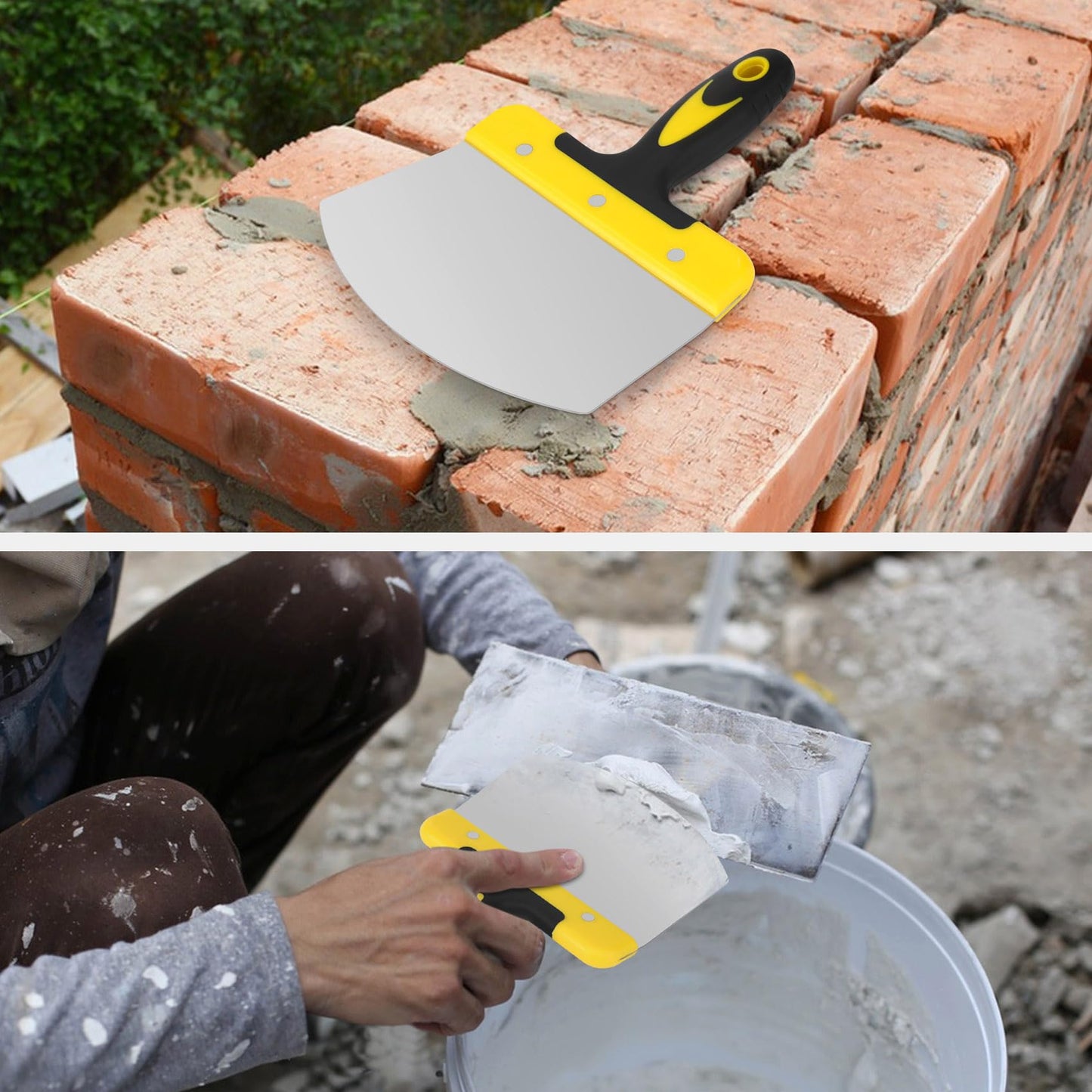 Ocnvlia Scrapers 2PCS Bucket Scoop for Drywall, Plaster Stainless Steel Bucket Scoop - 6.5 Inch Curved Contoured Blade for Paint, Mortar- Yellow