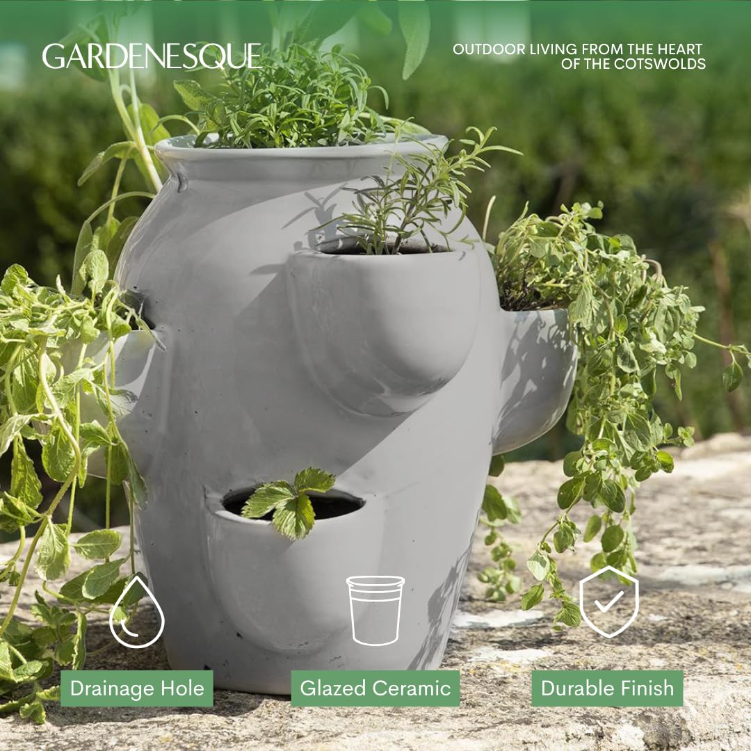 Gardenesque Tiered Planter, Succulent and Herb Plant Pot, Ceramic with Drainage Hole for Indoor and Outdoor Use, Grey - Small, H25 x W27cm