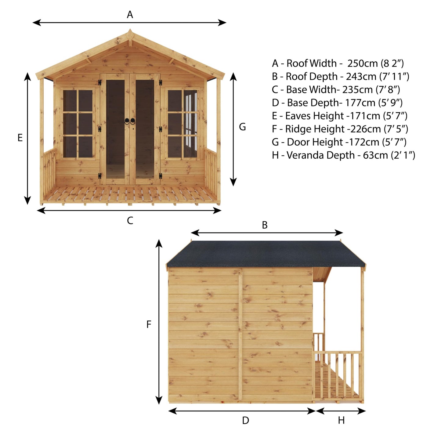WALTONS | 8 x 8 Wessex Summerhouse with Veranda | Apex Roof | 12mm Shiplap Tongue and Groove | Wooden Garden Room Summerhouse | 10 Year Anti Rot Guarantee | 8 x 8 | 8ft 8ft |