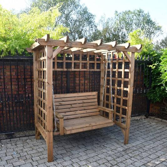 STAFFORDSHIRE GARDEN FURNITURE WOODEN GARDEN FURNITURE ARBOUR GARDEN SWING ARBOUR SEAT PAGODA TRELLIS SEAT AND ASSEMBLY