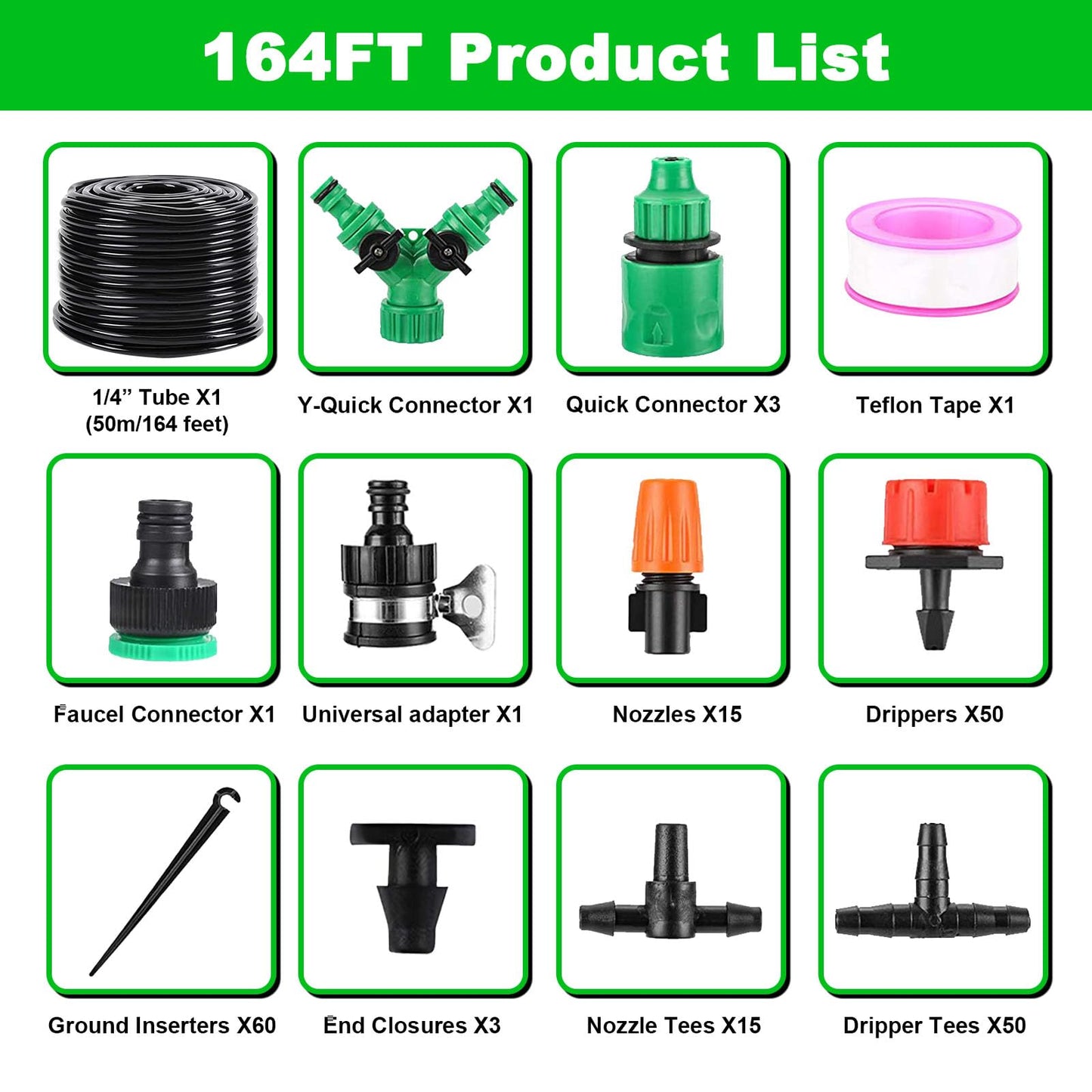 Garden Drip Irrigation Kit,164FT/50M Greenhouse Micro automatic Drip Irrigation system Kit with 1/4 inch 1/2 inch Blank Distribution Tubing Hose Adjustable Patio Misting Nozzle Emitters Sprinkler