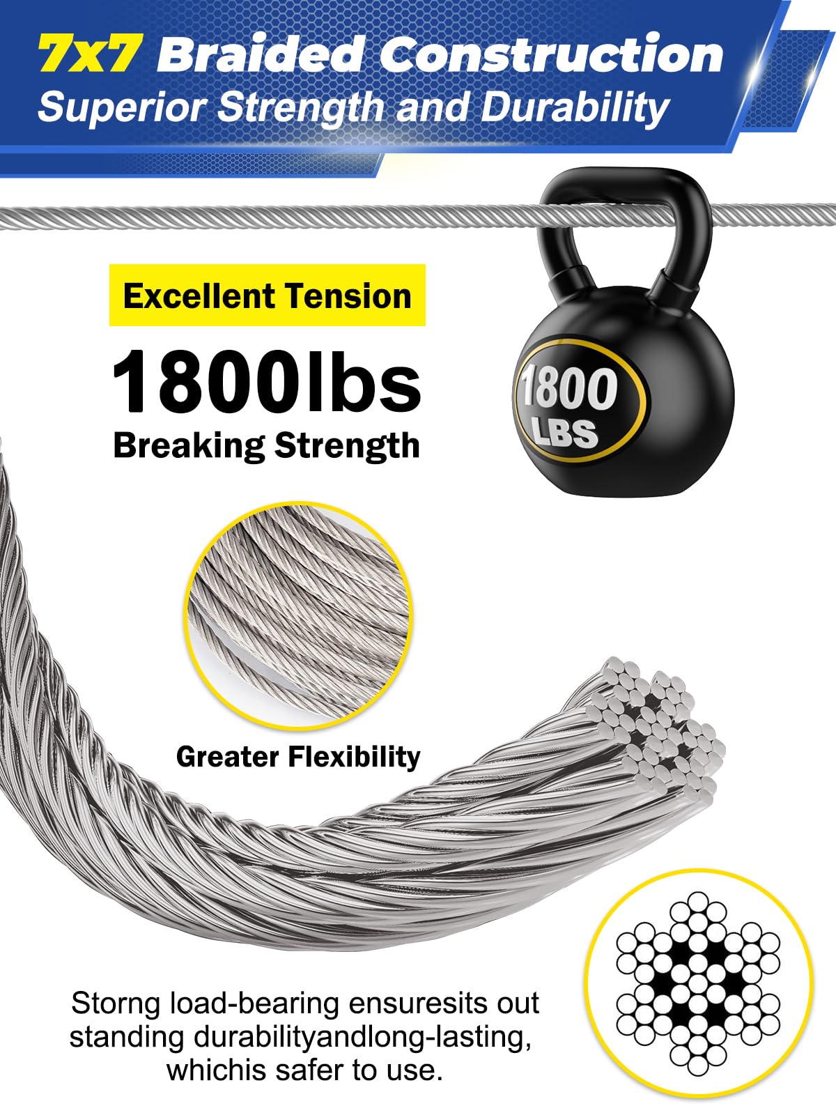 TooTaci 3mm Wire Rope Kit, Balustrade Wire Kit, 122M/ 3mm Stainless Steel Wire Rope, Steel Cable 7×7 Strands, with 20pcs M5 Turnbuckle Wire Tensioner Kit, 3mm Wire Balustrade Kits for Decking, Fencing