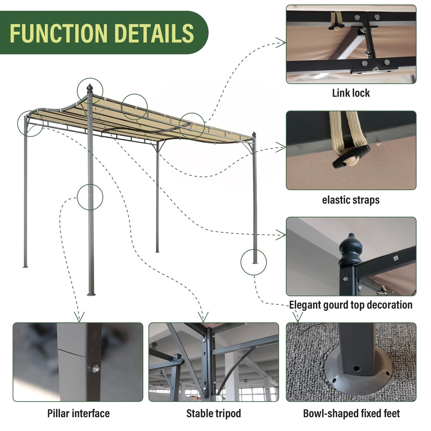 AOUXIN 2.9 x 2.5m Pergola Gazebo with Metal Frame, Elegant Scrolling Canopy, Weather-Resistant, Garden Outdoor Shelter, Beige