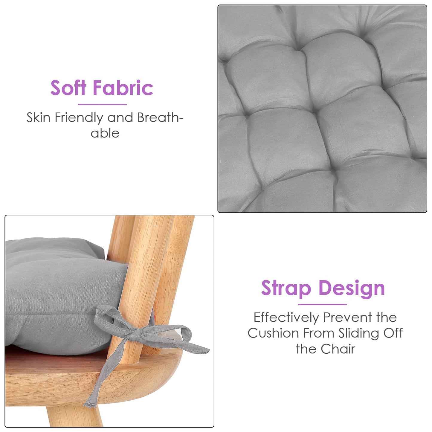 Holdfiturn 4Pcs Seat Pads for Dining Chair 40x40cm Garden Chair Cushions with Ties Comfortable Washable Square Seat Pad for Garden Kitchen Dining Outdoor Office Classroom Grey