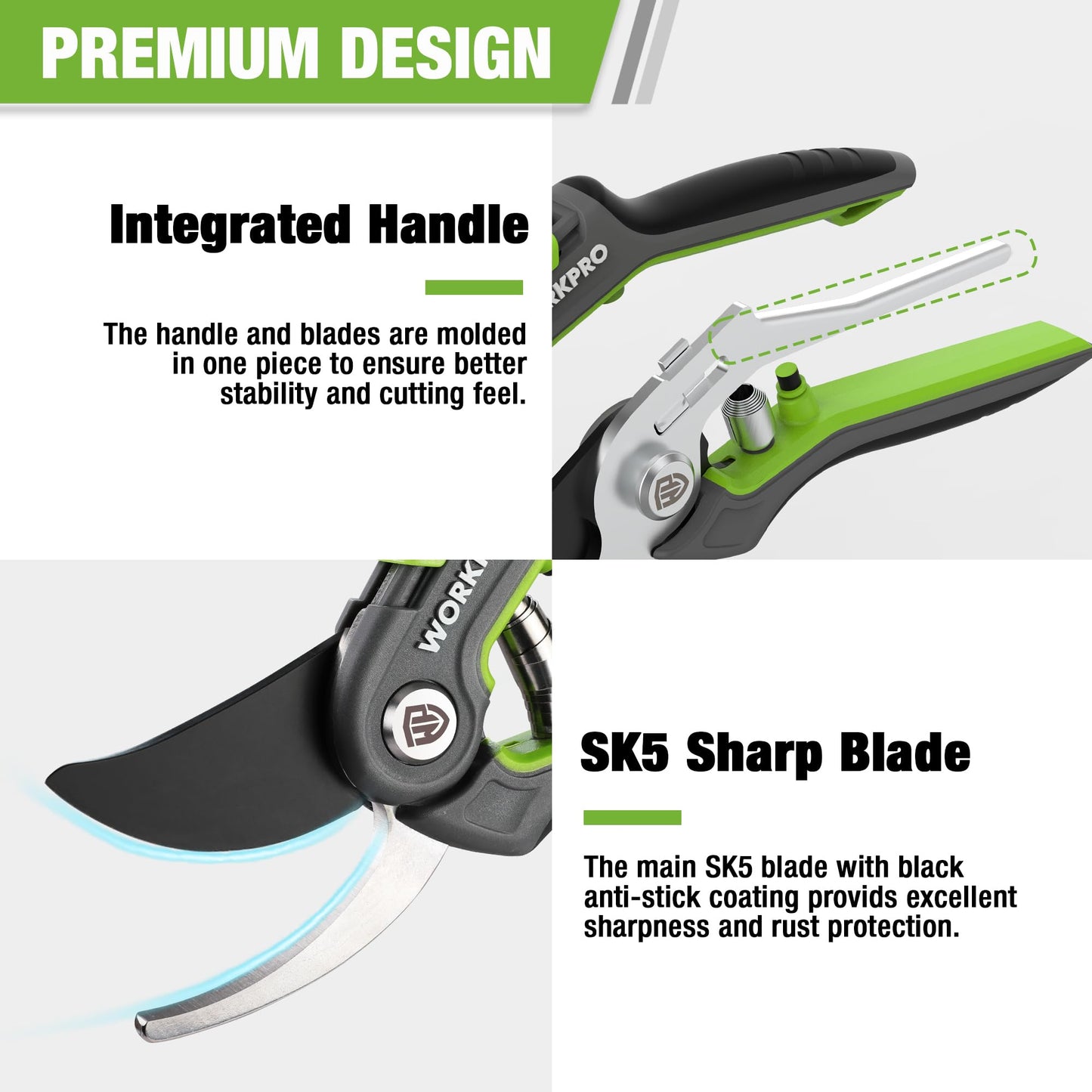 WORKPRO 2-Piece Secateurs & Pruning Scissors | Heavy Duty 210mm Bypass Secateurs with SK5 Blades and 160mm Shears | Labor-Saving Scissors with Safty Lock | Essential Garden Tools for Pruning Flowers