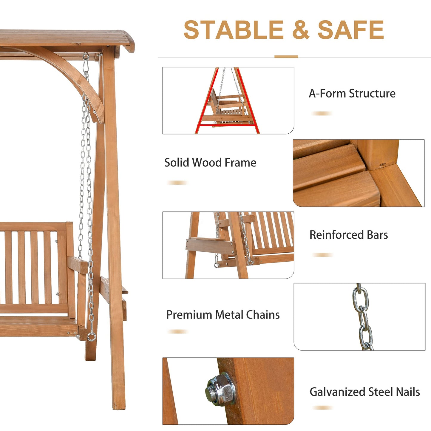 Outsunny 3 Seater Garden Swing Seat Wooden Swing Chair Hammock Bench Lounger with Canopy, Natural