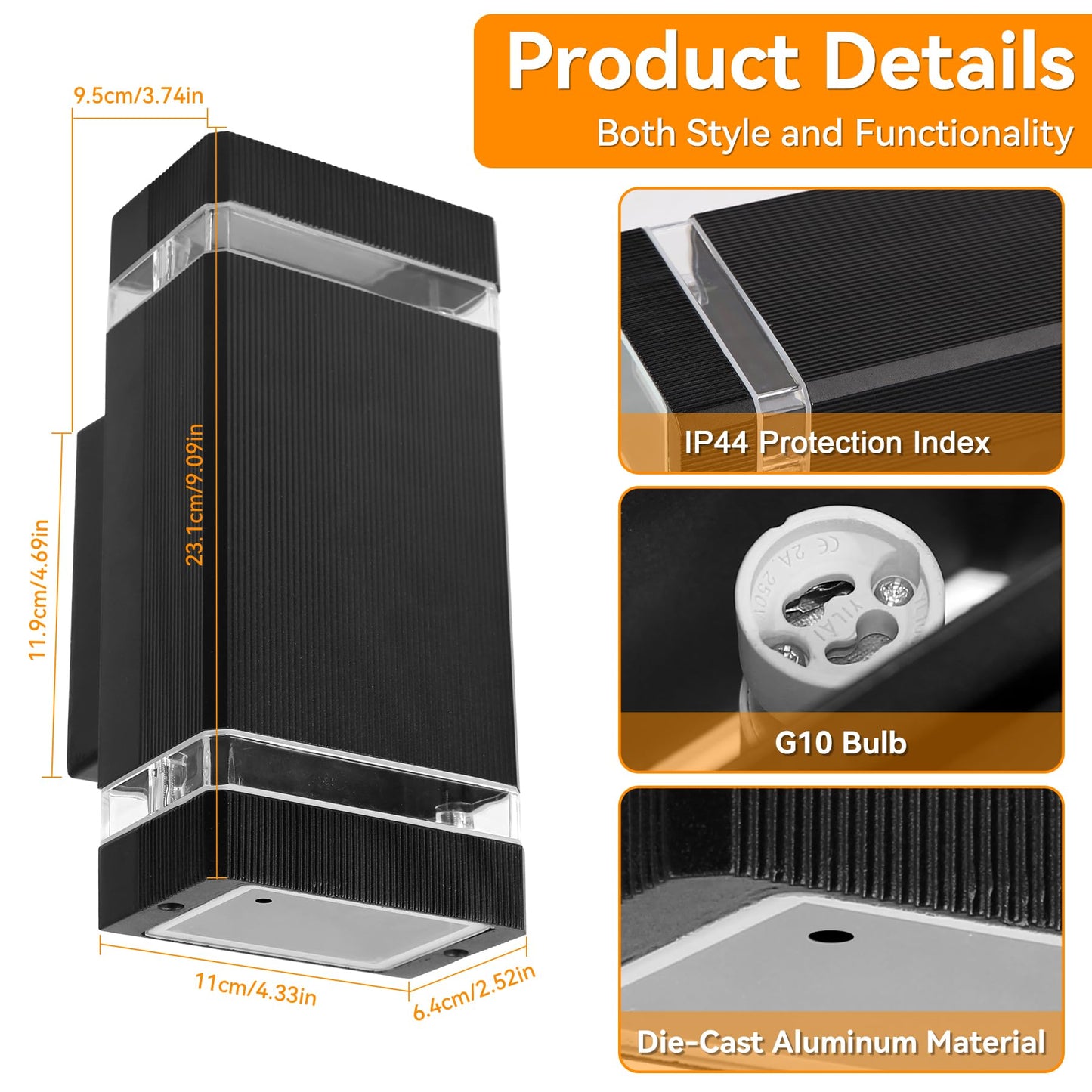 CANMEIJIA LED Wall Light, Outdoor Wall Lights Waterproof Outside Lights Porch Light Front Door Lamp Modern Aluminum Black 3000K Included 2 * 6W GU10 for Garden Hallway Bathroom etc