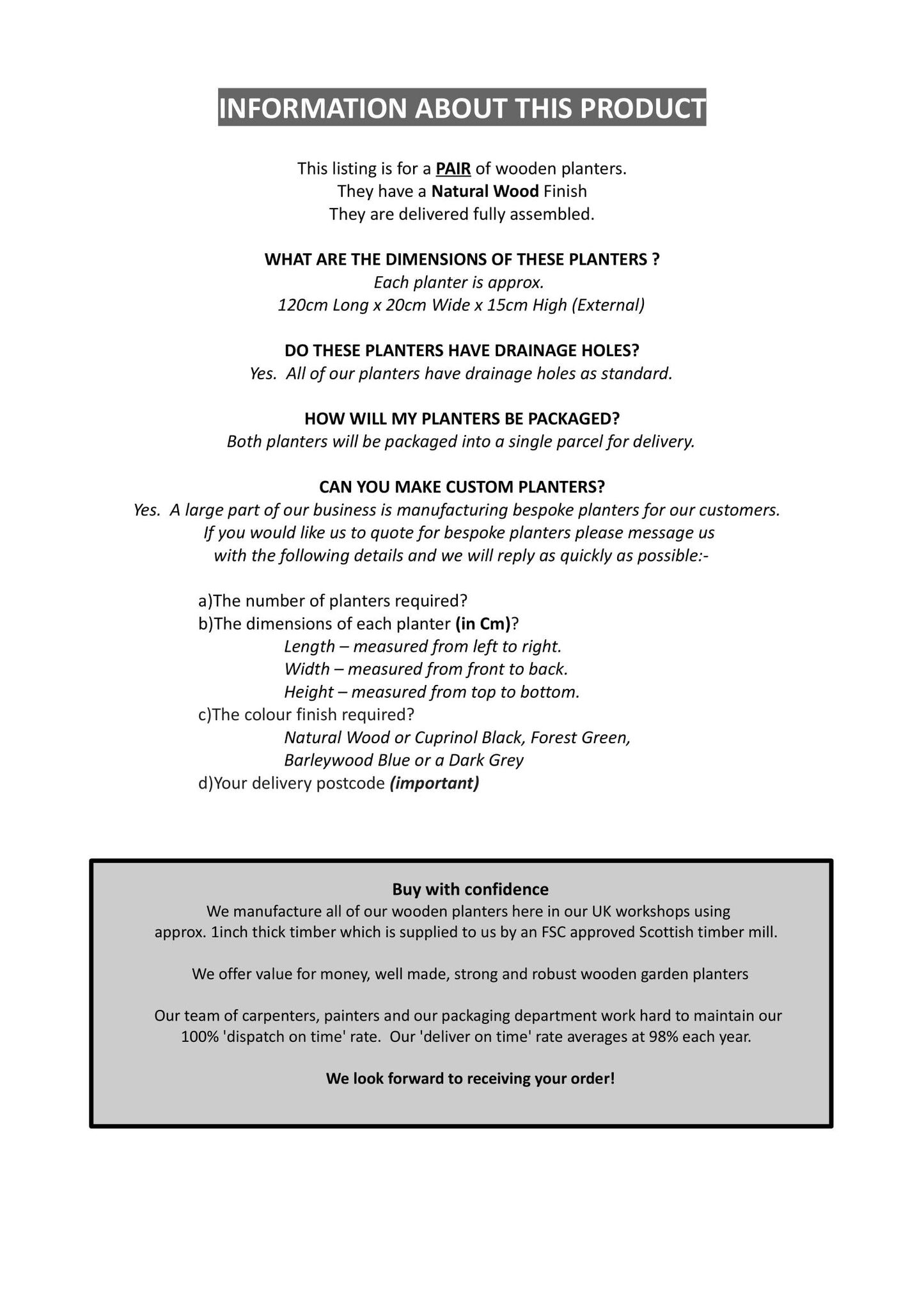 2 x Large 120cm Long (4ft) Wooden Garden/Patio/Window Box Planters. Fully Assembled - Just add plants!