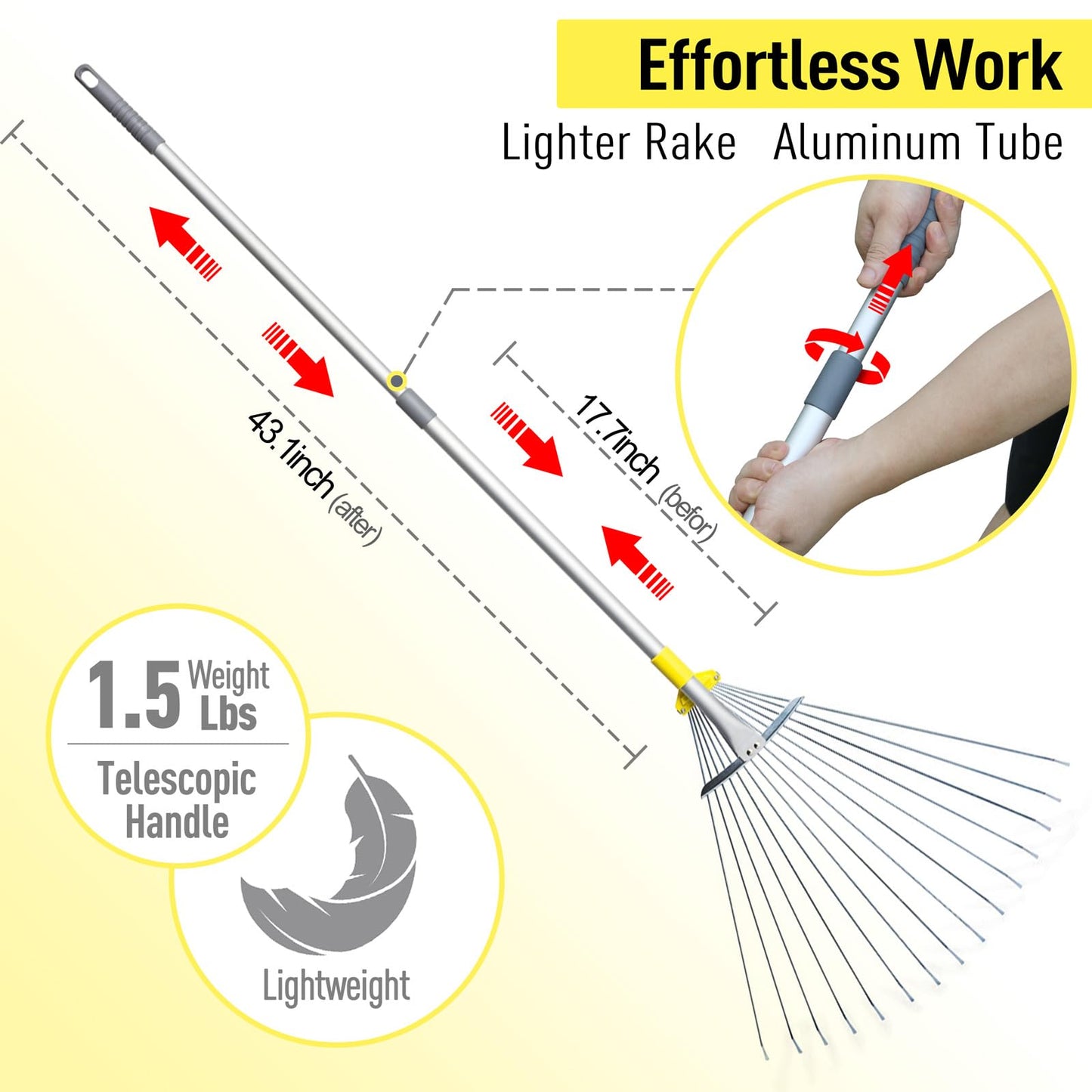 Jardineer 160cm Garden Leaf Rake, Telescopic Leaf Rake for Gardening, Garden Rake for Leaves Among Plants, Lawns and Yards. Adjustable Lawn Rake Head from 22cm to 59cm