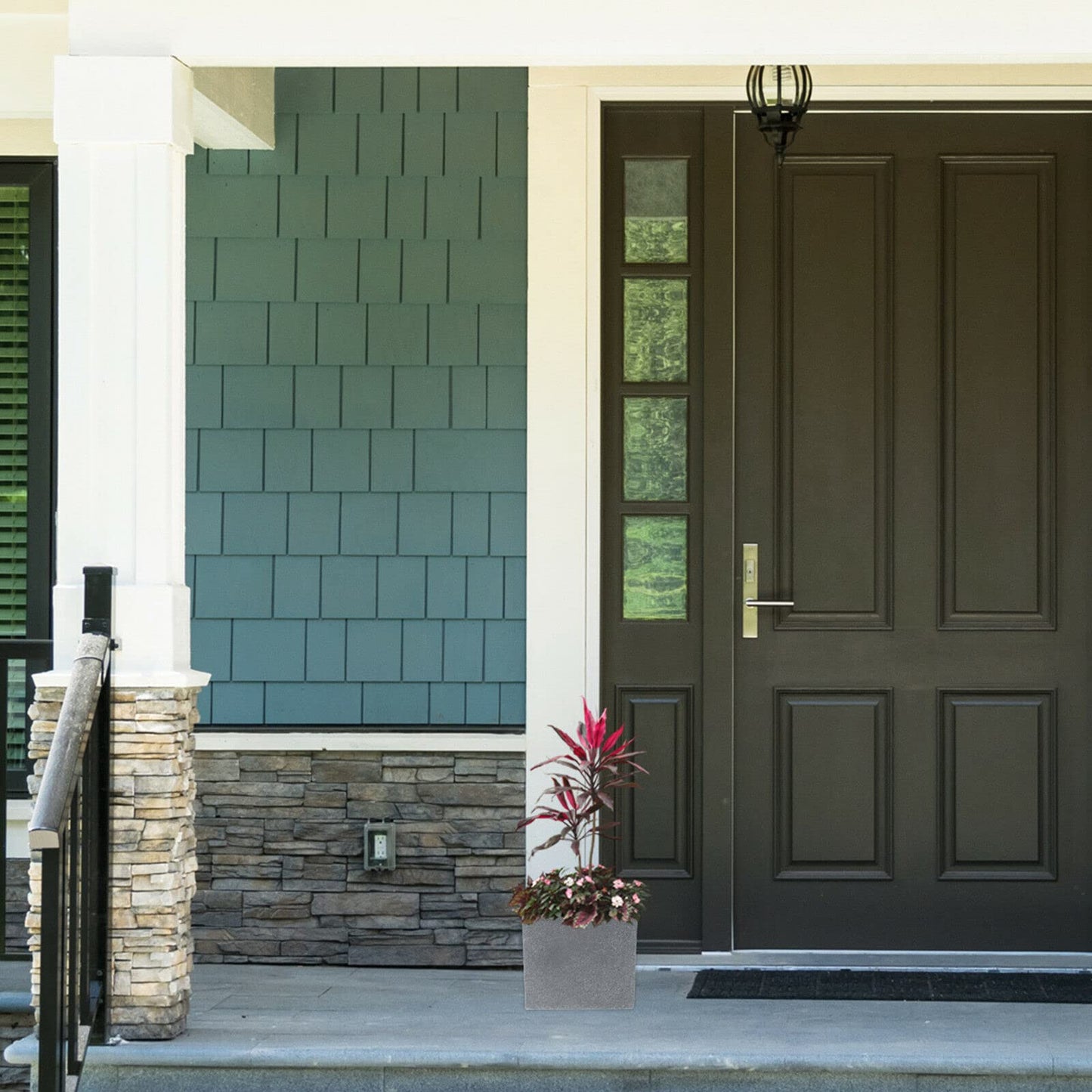 Koop 20cm Large Square Plant Pot, Grey Stone Effect | Lightweight & Durable Plastic Cubed Planter | Indoor & Outdoor Decorative Flower Pot for Home & Office | UV & Frost-Resistant Garden Planting Pot