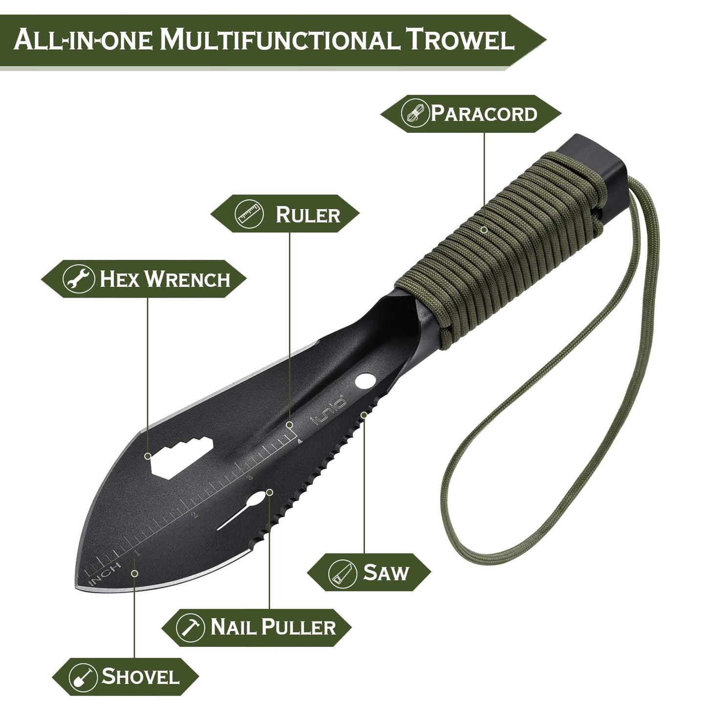 iunio Garden Trowel, Multi Tool Camping Trowel Hand Shovel with Paracord Handle & Carrying Pouch for Metal Detecting, Digging, Gardening, Planting, Outdoor, Black