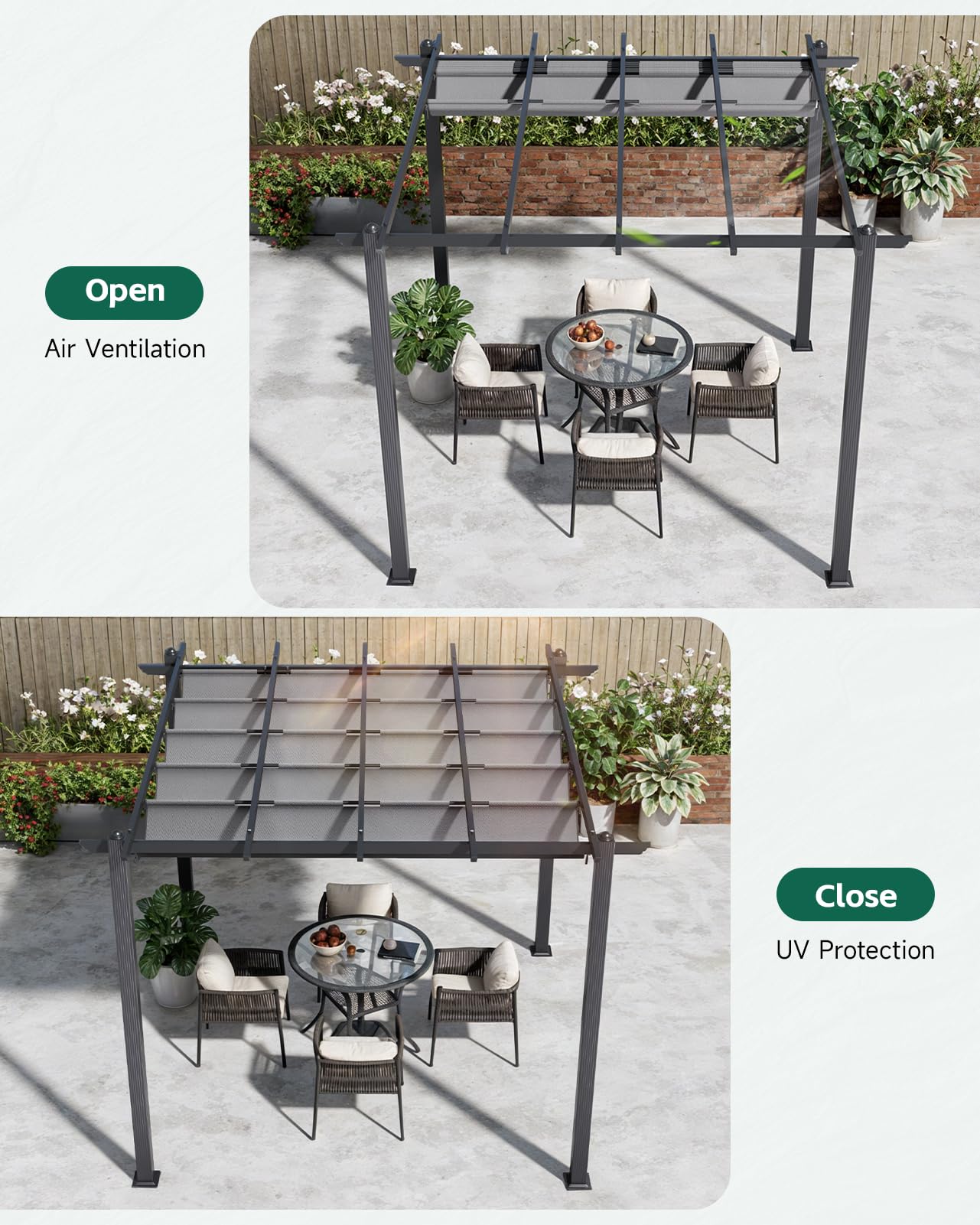The Fellie 3M x 3M Aluminium Pergola with Retractable Roof, Outdoor Garden Gazebos Water-resistant, Large Metal Retractable Pergola Sun Shade Shelter for Garden, Patio, Poolside, Party, Light Grey