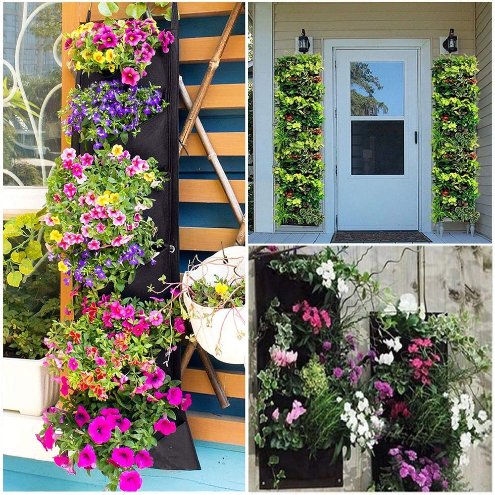 LITLANDSTAR Hanging Planter Bags, 2 Pack 7 Pocket Vertical Wall Planter, Indoor/Outdoor Gardening, Black