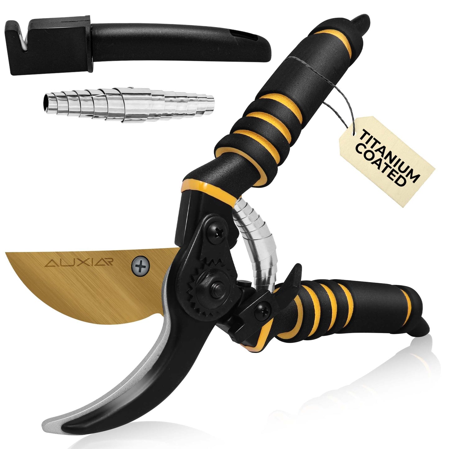 AUXIAR Secateurs – Heavy-Duty Bypass Professional Pruner Shears with PVC Handles & 8cm Titanium Blade, Includes Sharpener & Extra Spring – Garden Scissors & Pruners