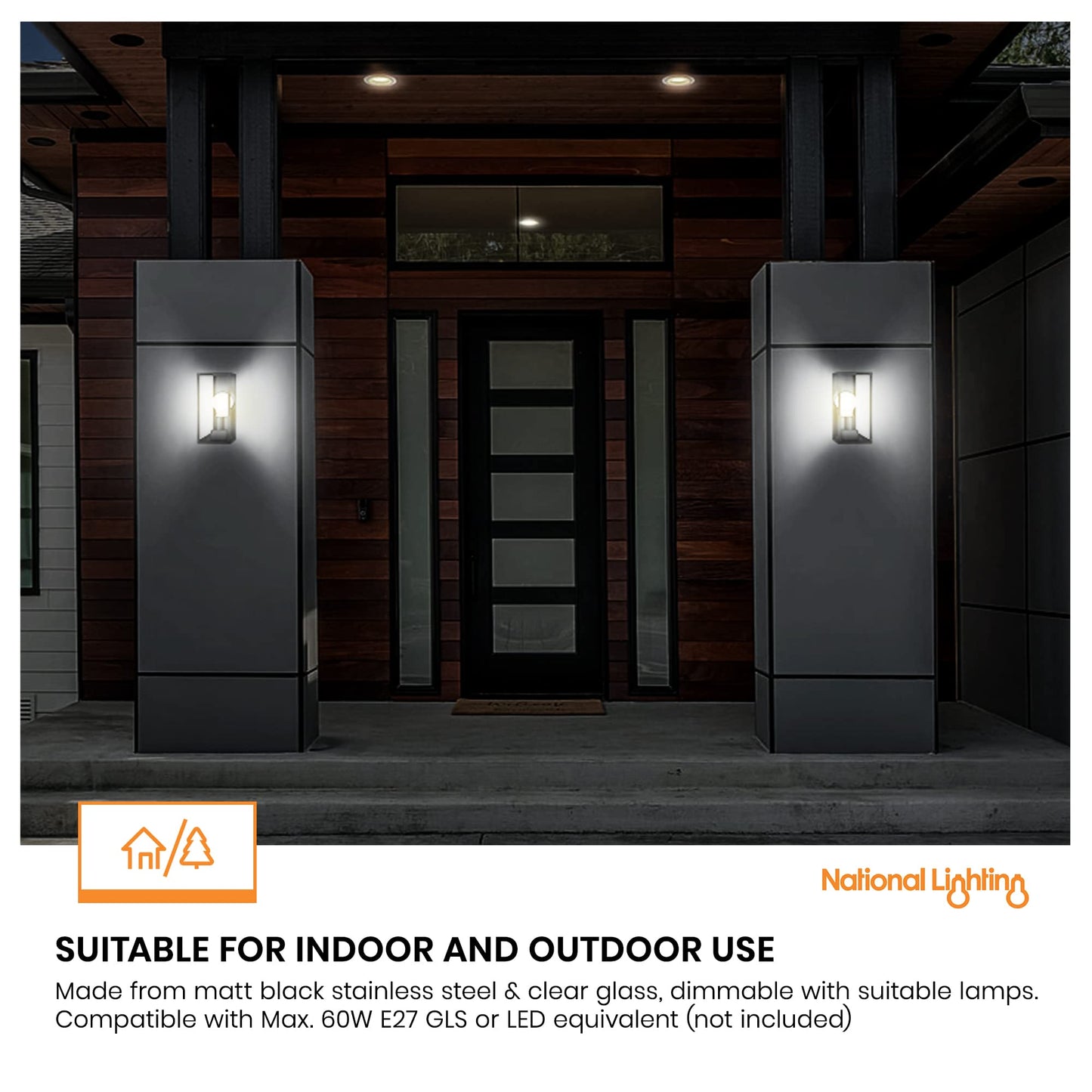 National Lighting Outdoor Wall Light - Matt Black Stainless Steel Boxed Lantern with Glass Panels - IP44 Rated Outside Light - Compatible with 28W 240V E27 Eco GLS or LED E27 (Not Included)