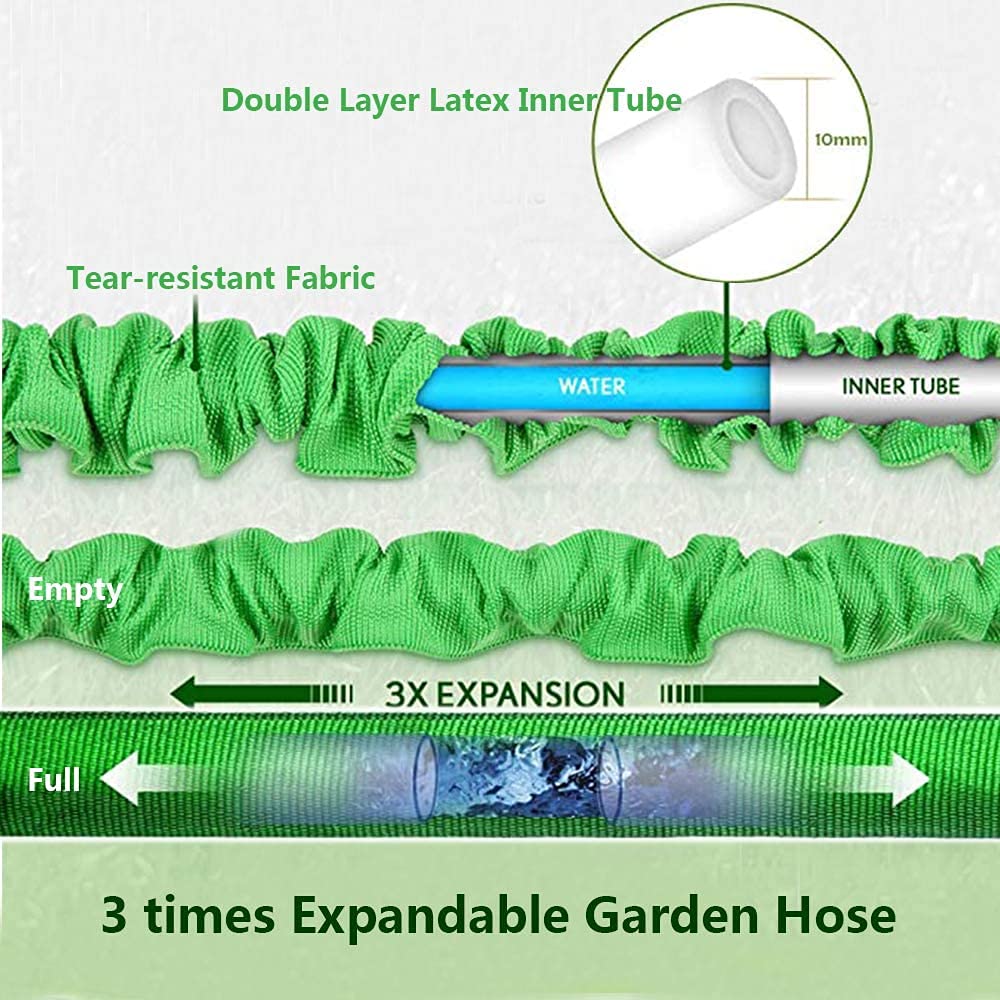 HGLCM 25ft/50ft/75ft/100ft/125ft Expanding Garden Water Hose Pipe with 8 Function Spray Gun 3 Times Expandable Flexible Magic Hose Anti-Leakage Lightweight Easy Storage (Green, 100ft)