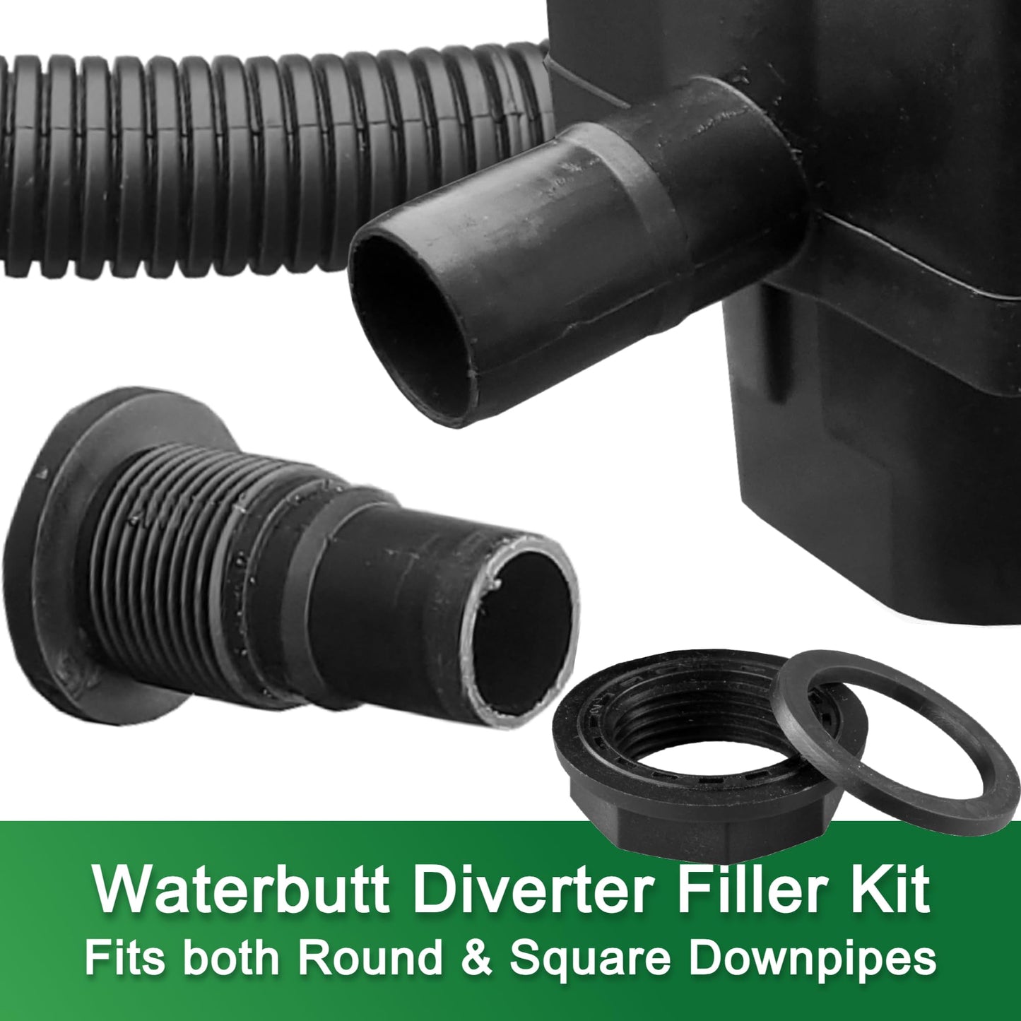 Water Butt Diverter Kit Downpipe Waterbutt Filler Kit Fits Both Round & Square Downpipes - Connect Downpipe to Water Butt with 1 Metre Connector Hose