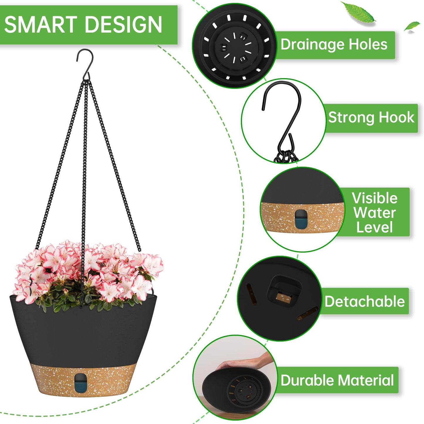 ZMTECH 20cm Hanging Plant Pots 8 Inches Hanging Planters with Saucer Drainage Holes Visible Water Level Hanging Pots for Indoor Outdoor Plants (Set of 2, Dark Grey)
