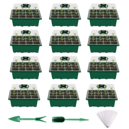 Fuuner Seed Trays,12 Pack 144 Cells Seedling Tray Kits, Garden Seed Propagator Set, Plant Germination Kit with Adjustable Humidity Dome and Base, for Greenhouse Grow Plant Seed, 12 Cells per Tray