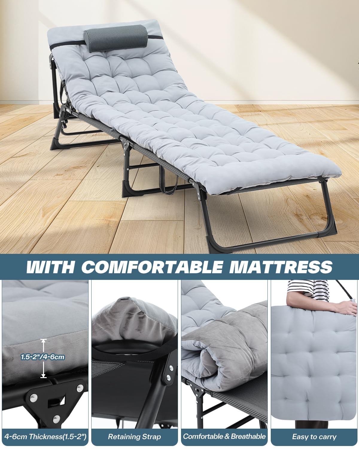 Sun Lounger 5 Position Adjustable, Sunloungers with Mattress and Headrest for Garden Recliner Beach Terrace Pools Camping Bed Guest Bed for Home, Office Nap, Indoor, Camp