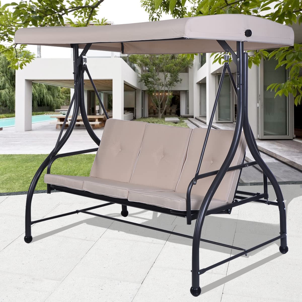 COSTWAY 3 Seater Garden Swing Chair, Convertible Outdoor Hammock Bench Chair with Adjustable Canopy and Cushions, Steel Frame Porch Patio Swing Seat Lounger for Balcony, Deck and Poolside (Beige)