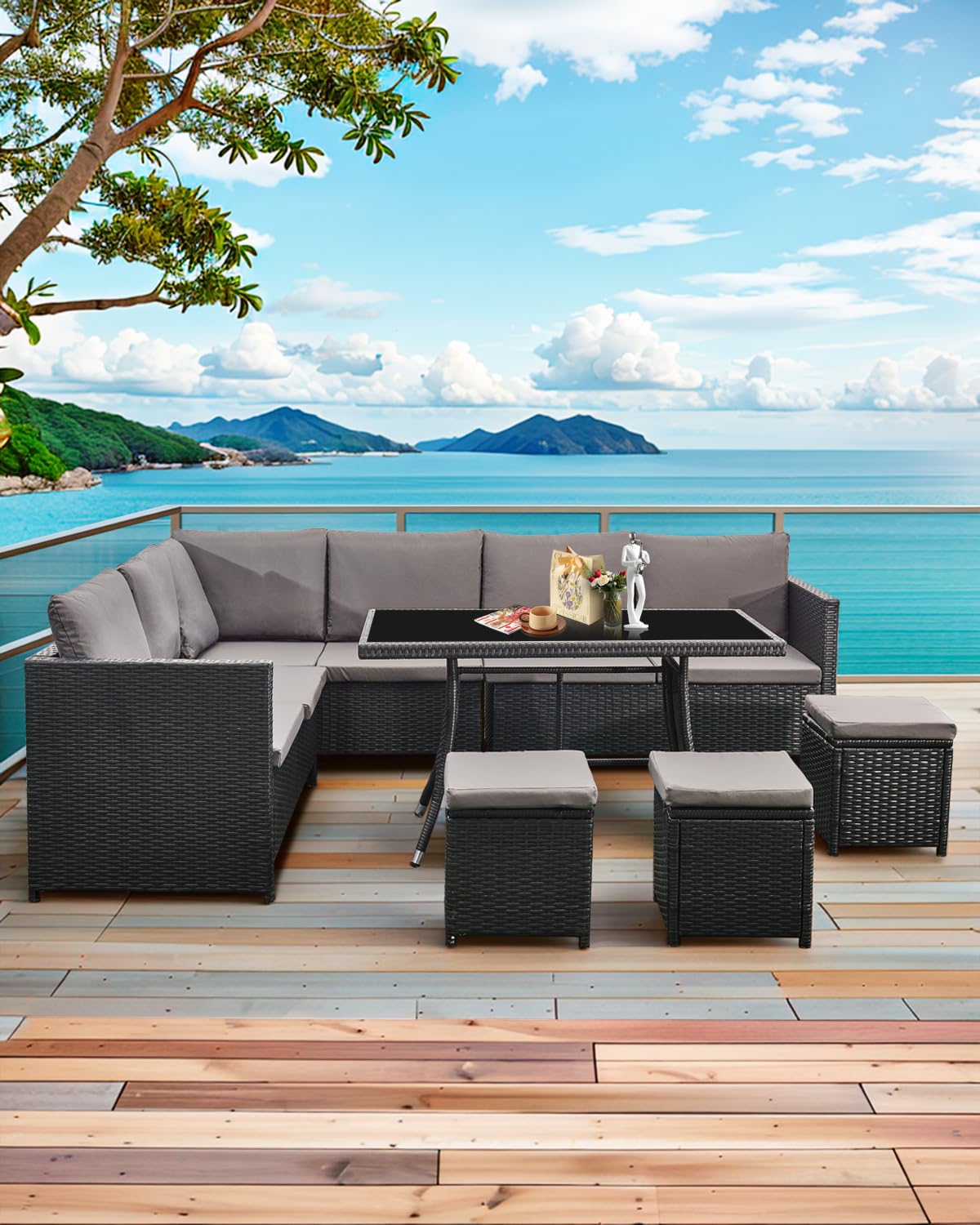 AFURNI 9-Seat Rattan Garden Corner Sofa & Dining Set