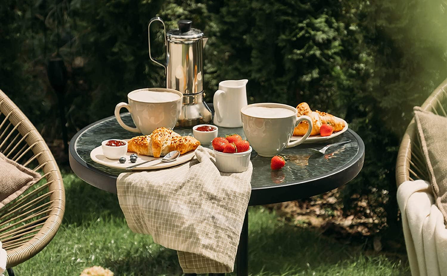 Rammento 71cm, (27.95") Black Metal & Round Tempered Glass Bistro Table | 60x60x71cm Indoor/Outdoor Café Dining Table for Conservatory, Decking & Home | Lightweight & Portable Rippled Glass Table