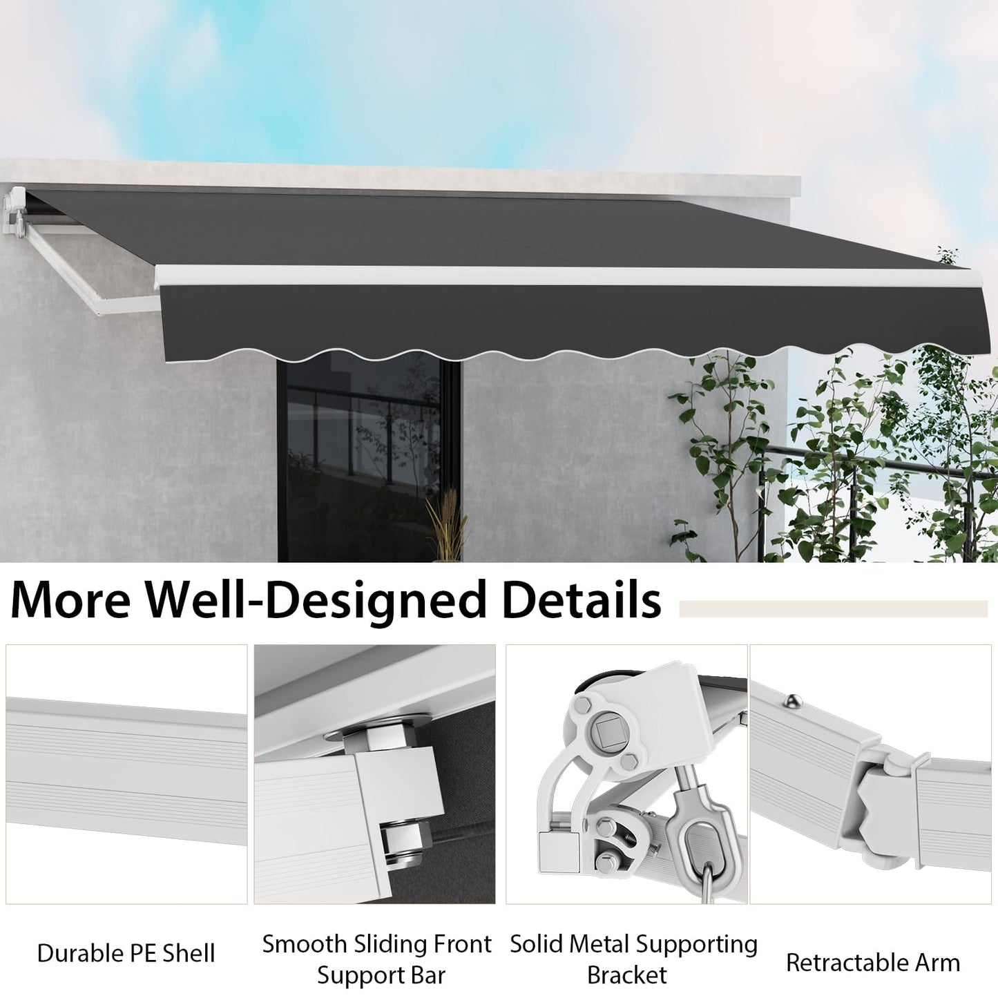 COSTWAY 3 x 2.5m/3 x 3.6m Retractable Manual Awning, Anti-UV and Waterproof Garden Patio Canopy with Hand Crank, Aluminum Sun Shade Shelter for Balcony Yard(3m x 3.6m, Grey)
