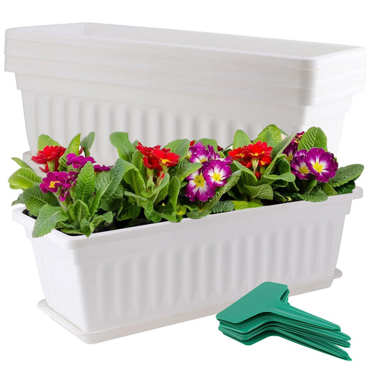 JOIKIT 6 PCS 17 Inch White Plastic Window Box Planter, 43cm Rectangular Flower Pot, Large Windowsill Planter with Removable Tray and Green Plant Label for Garden