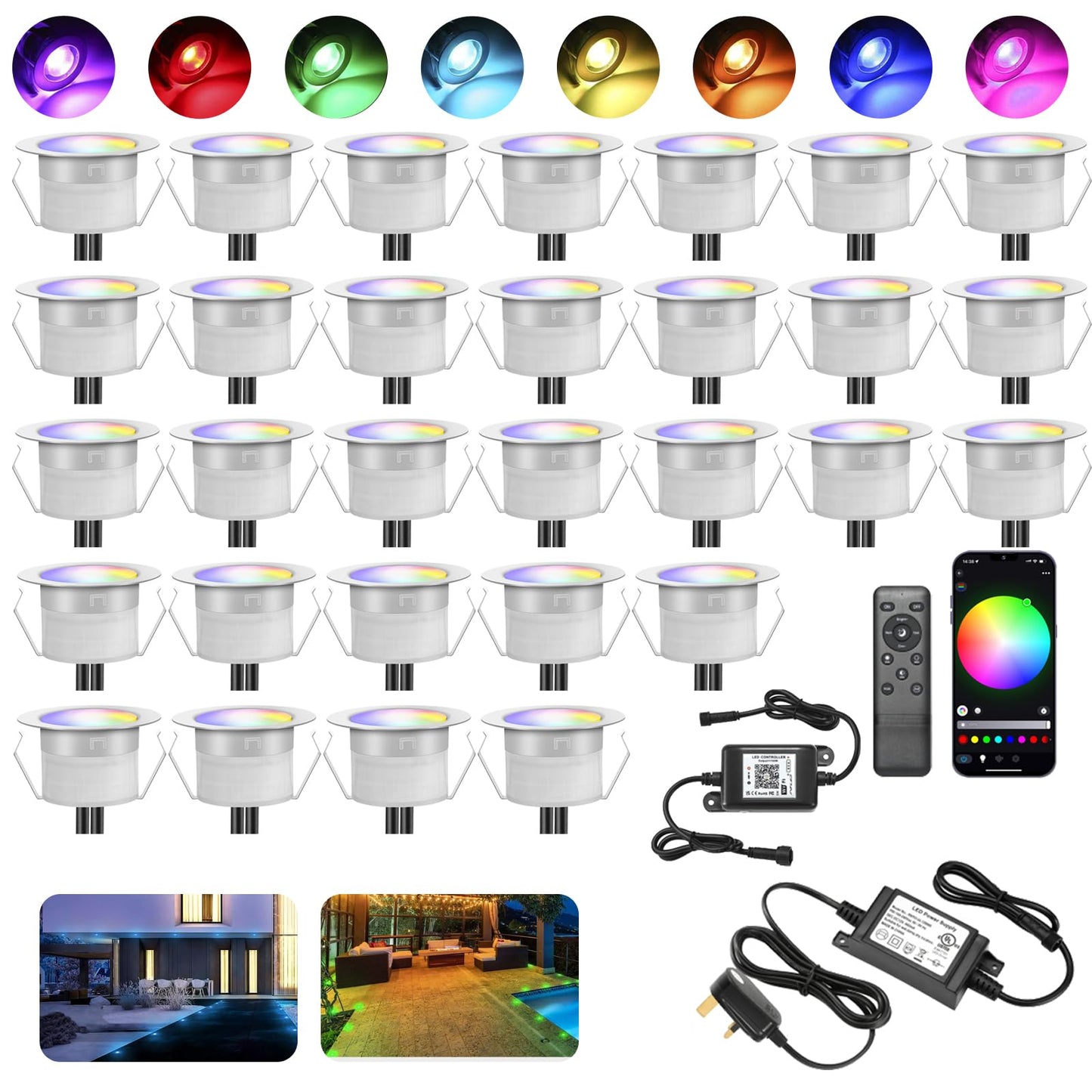INDARUN RGB Led Decking Lights Waterproof IP67 Ø45MM - WiFi Controller - Lighting for Terrace/Patio/Path/Wall/Garden/Decoration, 30 Packs