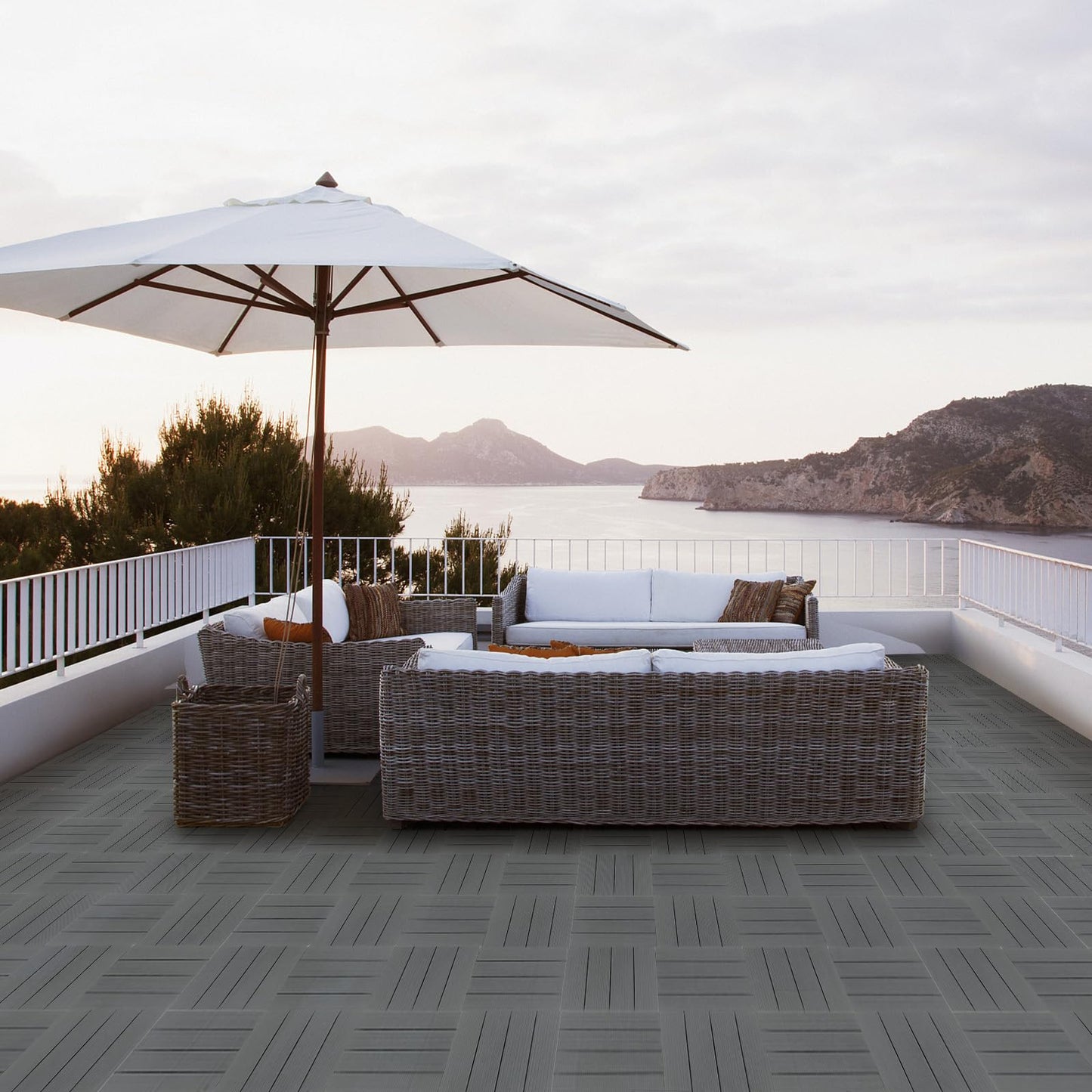 Bonnlo Composite Garden Decking Tiles, 27 Pcs Plastic Outdoor Flooring, 30x30cm Patio Paving Slabs Decking Squares Indoor & Outdoor Grey (Dark Grey)