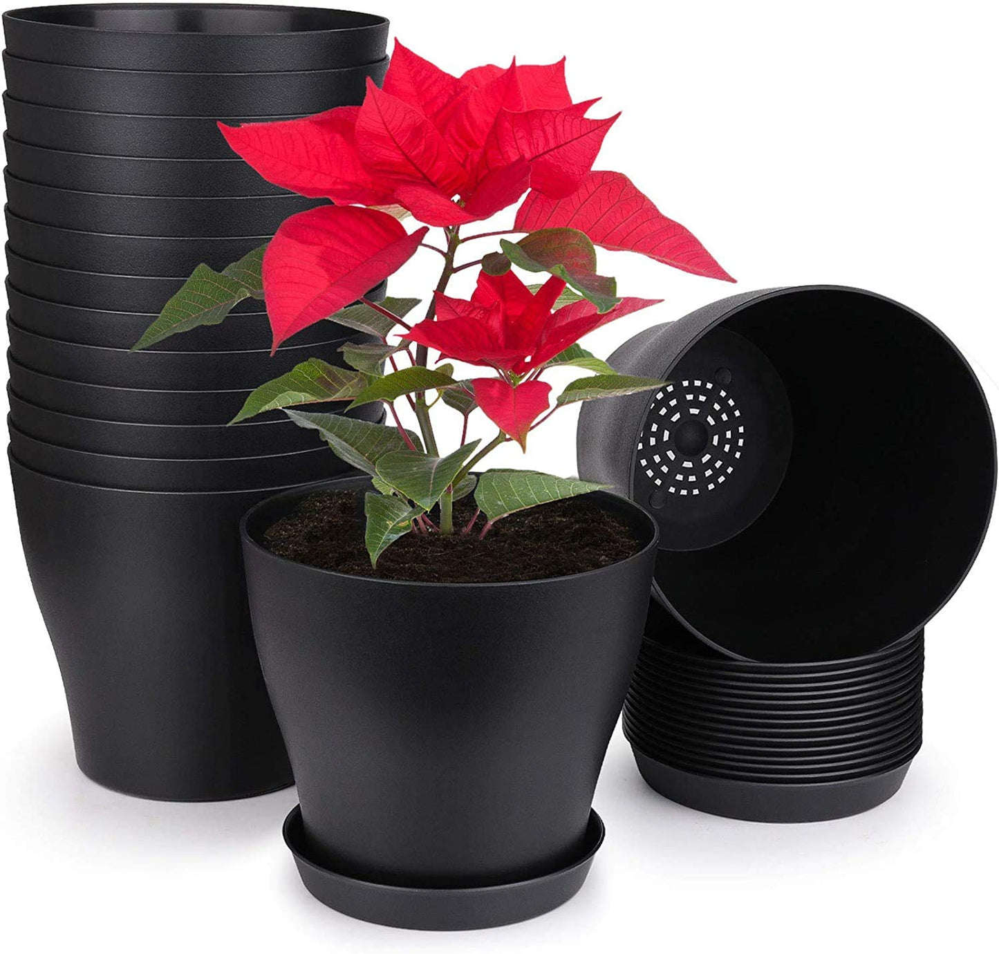KAHEIGN 10Pcs 14cm Plastic Plant Pots Plant Container Indoor Flower Pots with Pallet Trays for Office House (14 x 12cm, Black)