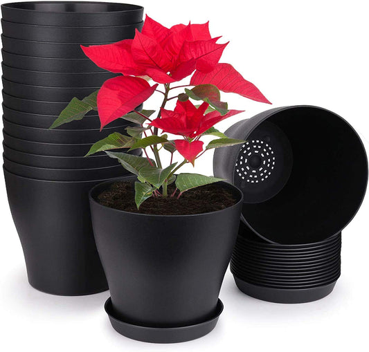 KAHEIGN 10Pcs 14cm Plastic Plant Pots Plant Container Indoor Flower Pots with Pallet Trays for Office House (14 x 12cm, Black)