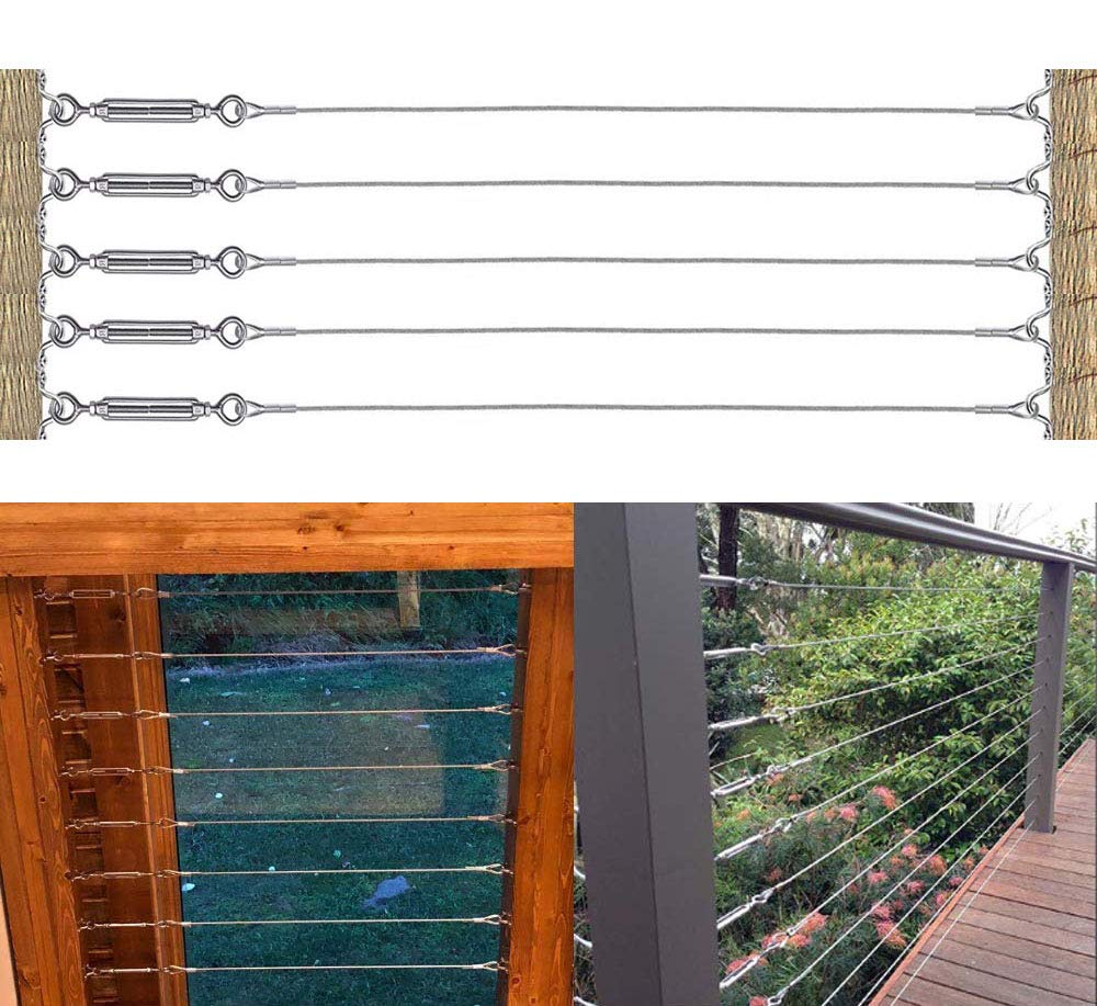 TooTaci 3mm Wire Rope Kit, Balustrade Wire Kit, 122M/ 3mm Stainless Steel Wire Rope, Steel Cable 7×7 Strands, with 20pcs M5 Turnbuckle Wire Tensioner Kit, 3mm Wire Balustrade Kits for Decking, Fencing
