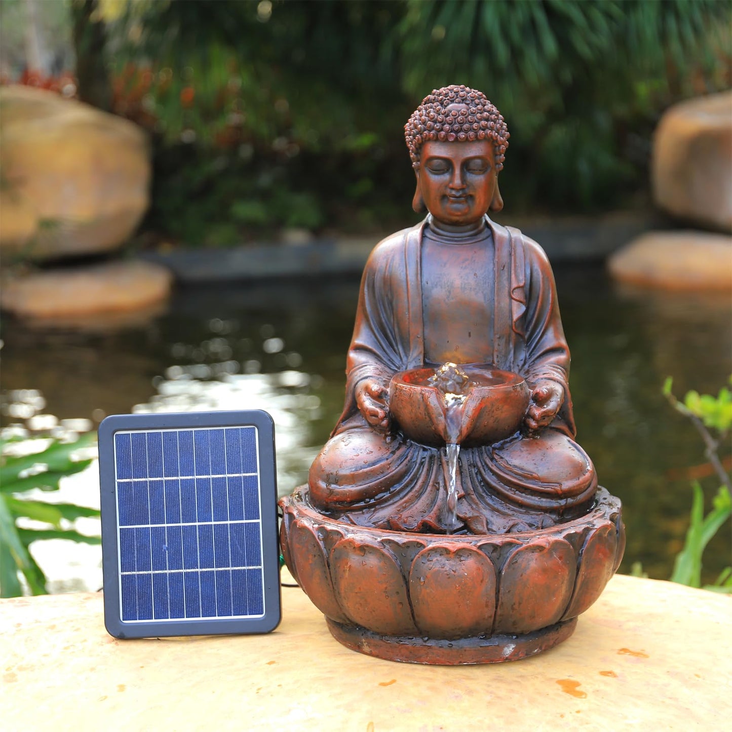 BTGGG Solar Powered Garden Water Feature Indoor/Outdoor Fountain Meditating Buddha Water Fountain Yard Garden Water Feature with LED Light Statues Patio Decoration