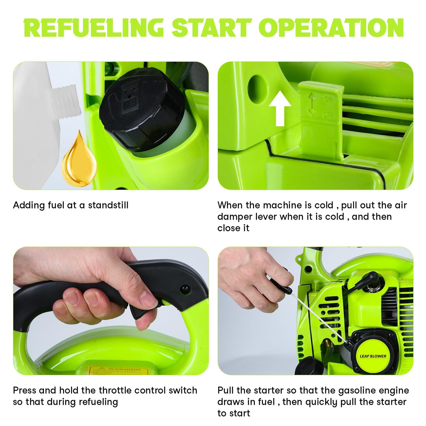 Cordless Petrol Leaf Blower, 26cc Snow Grass Lawn Blowers, Vacuum Powerful 2 Stroke Air Cooled Engine, Portable Handheld, For Blowing Leaves, Wood Chips, Dust, Garden Debris, Grass Cuttings (Green-A)