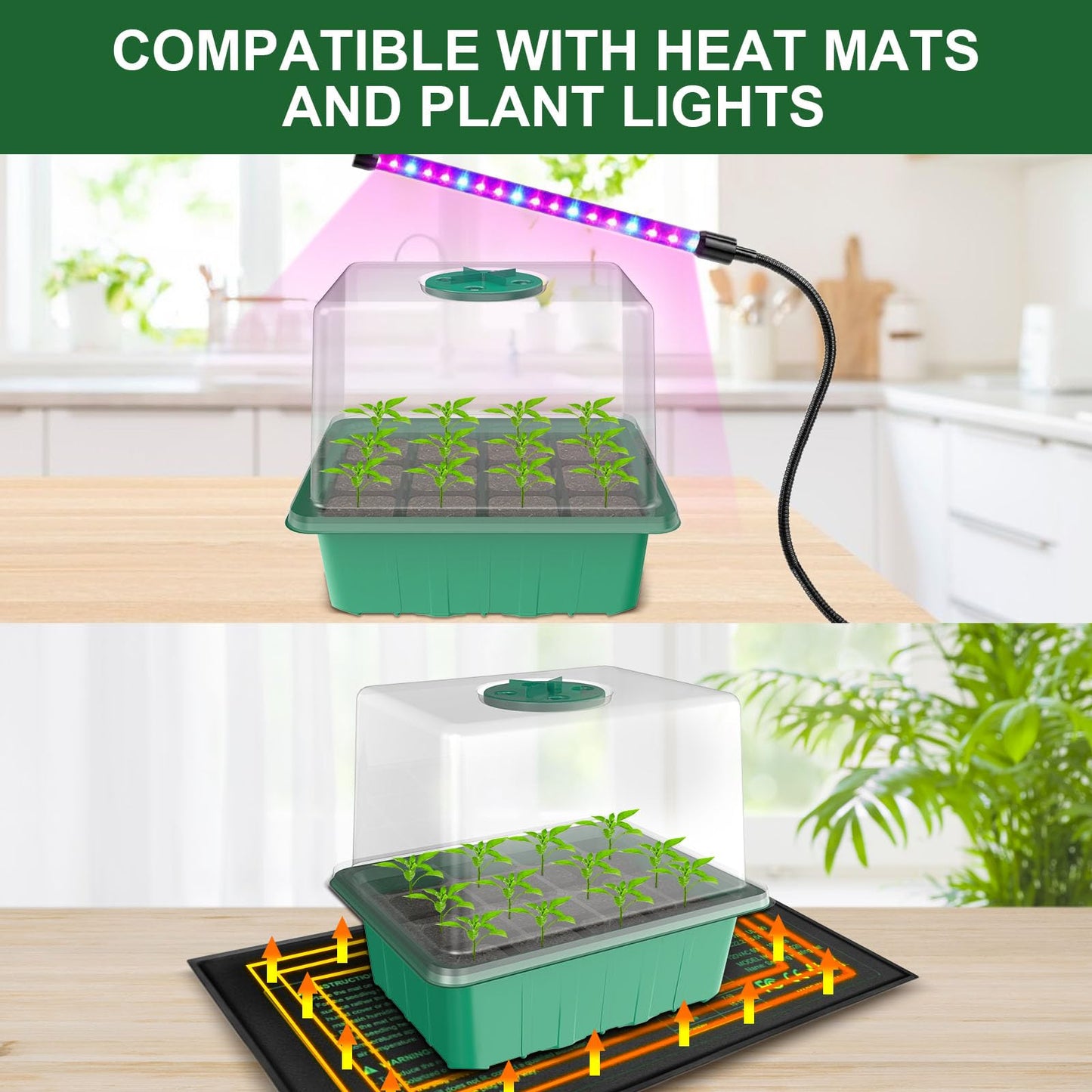 MQUPIN Seed Trays, 10 Pack 120 Cells Seed Propagators with Heightened Lid, Seedling Starter Reusable Growing Trays for Plants with Adjustable Window for Indoor or Outdoor, Green