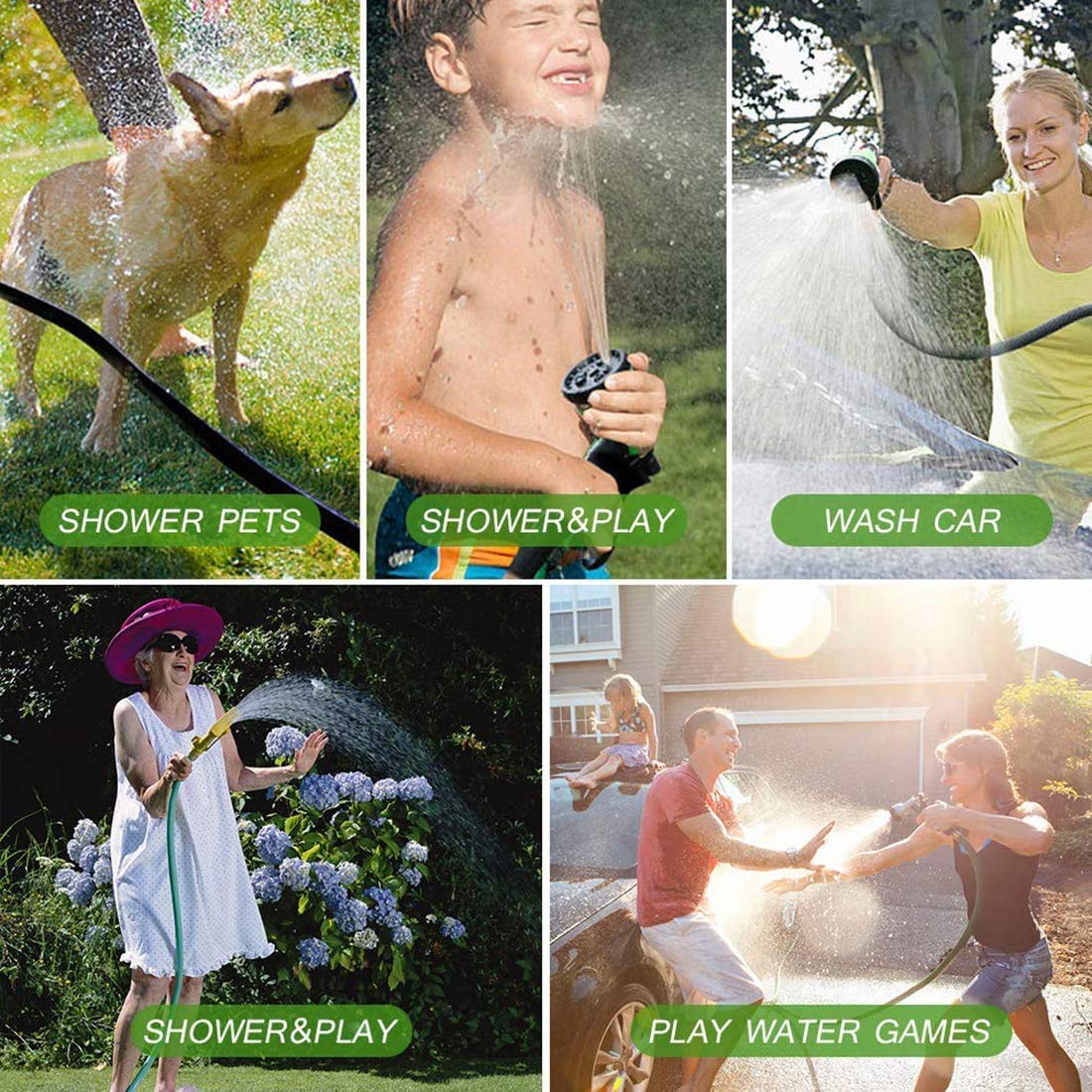 HGLCM 25ft/50ft/75ft/100ft/125ft Expanding Garden Water Hose Pipe with 8 Function Spray Gun 3 Times Expandable Flexible Magic Hose Anti-Leakage Lightweight Easy Storage (Green, 100ft)