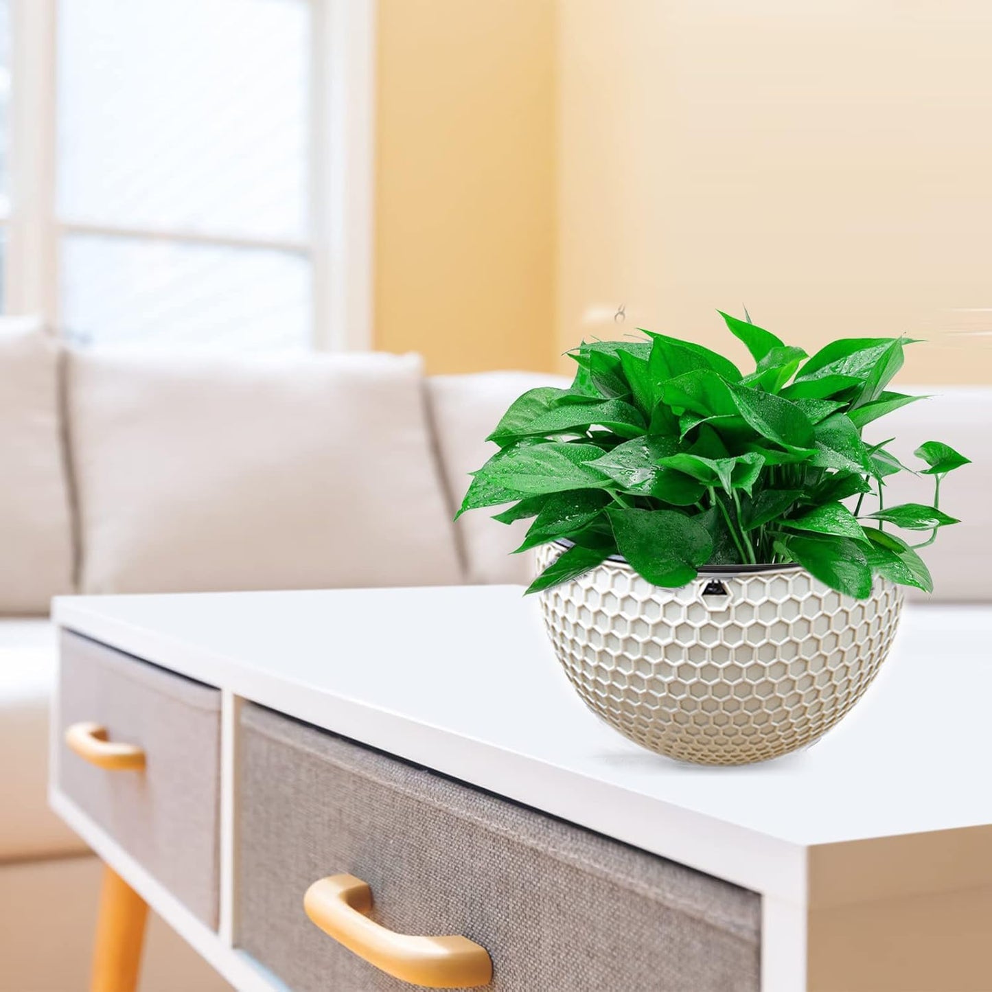 8.3inch Large Hanging Planters Plant Pots - Self-watering Hanging Baskets Set of 3 Flower Pot with Drainage Hole Chain for Home Garden Deco (Beige)