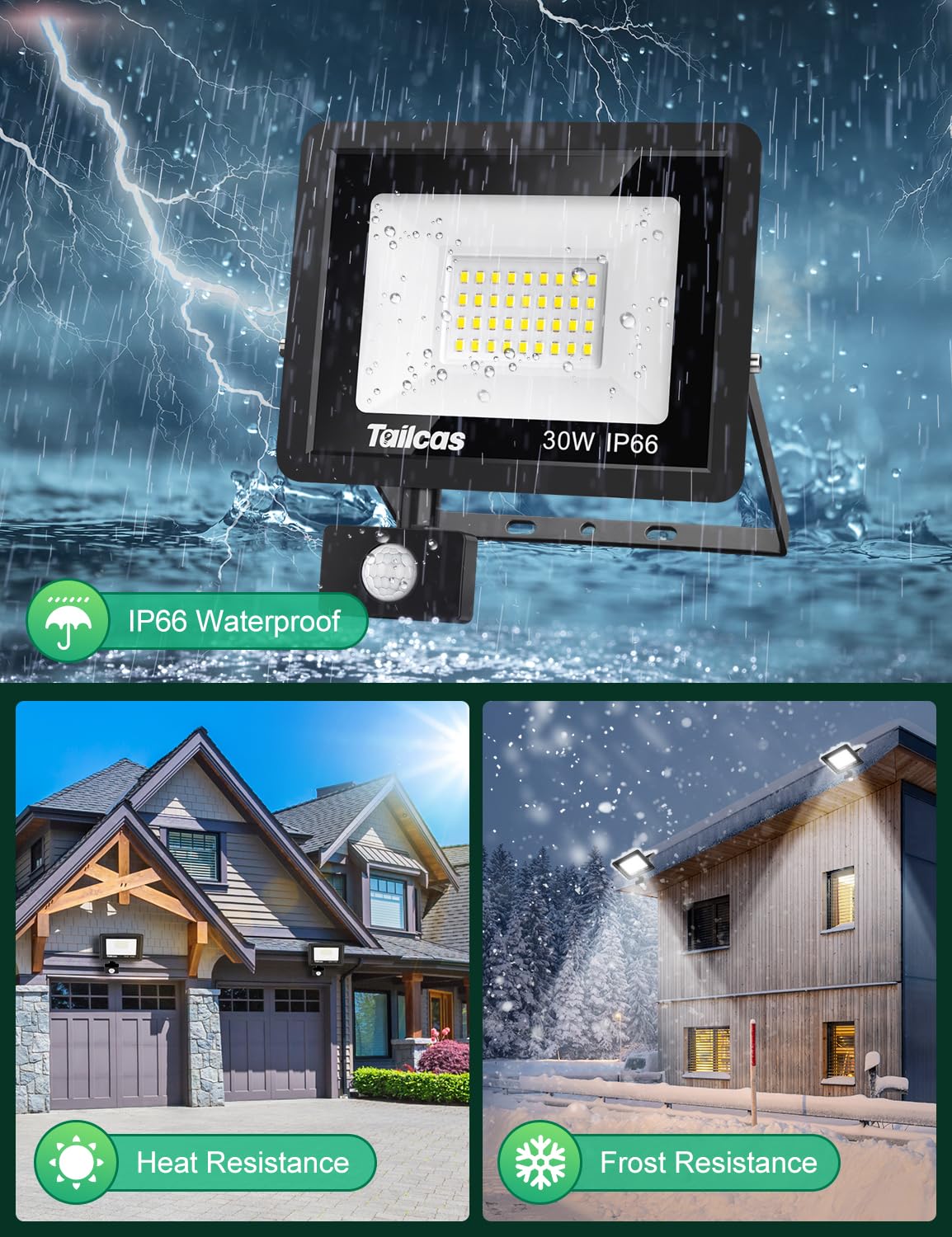 Tailcas Security Lights Outdoor Motion Sensor, 30W PIR Security Light with Remote Control, IP66 Waterproof Lights, 2700LM LED Floodlights Mains Powered for Garden,Yard, Garage