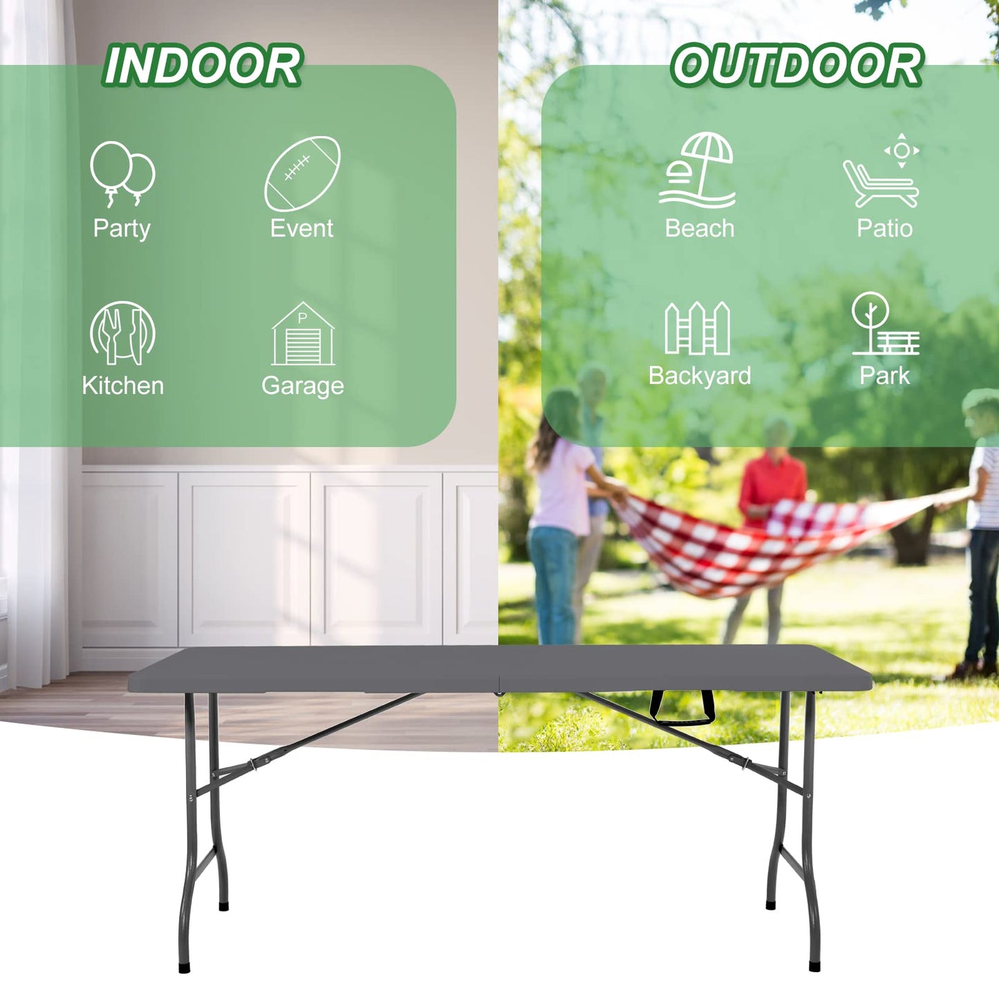 Rainberg 6ft Heavy Duty Folding Table, Tabletop & Sturdy Metal Frame, Foldable Table with Handle, Waterproof, Portable, & Easy Assembly, Ideal for Parties, BBQ, Camping, Beach, Indoor & Outdoor Use
