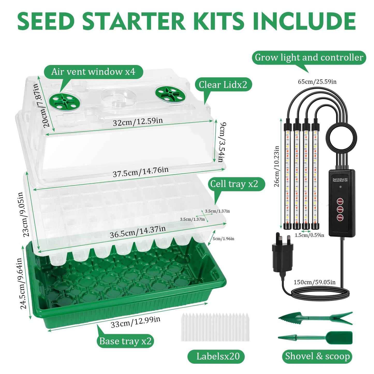 Verdenu Seed Trays with Grow Light, 2 Pack 80 Cells Propagators for Plants with Heightened Lids, Adjustable Brightness Propagator with Smart Timer, 3 Modes, 4 Timing, Seed Starter Tray for Seedlings
