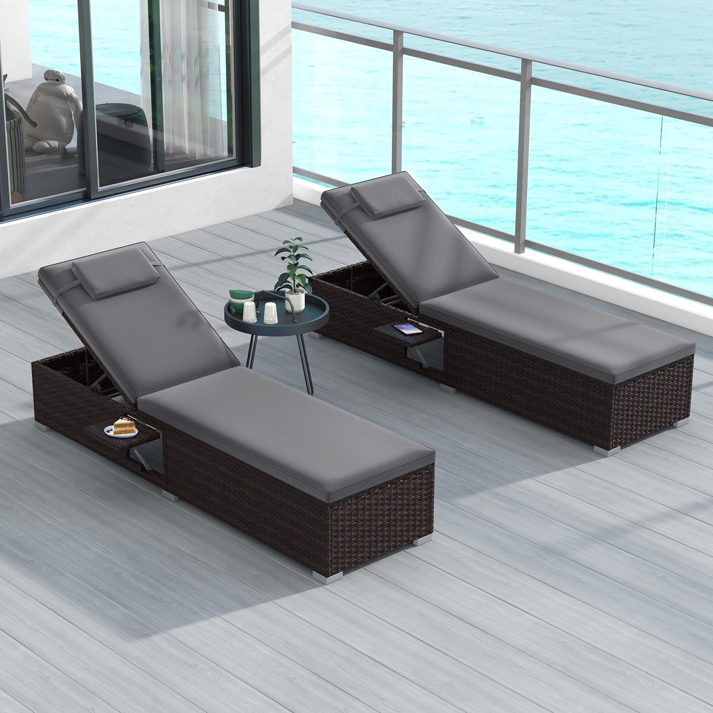 COSTWAY Rattan Sun Lounger, 6-Level Adjustable Garden Chaise Lounge Chair Deck Sunbed with Cushion, Headrest and Folding Table, Outdoor Wicker Reclining Chair for Patio Balcony Poolside (Grey)