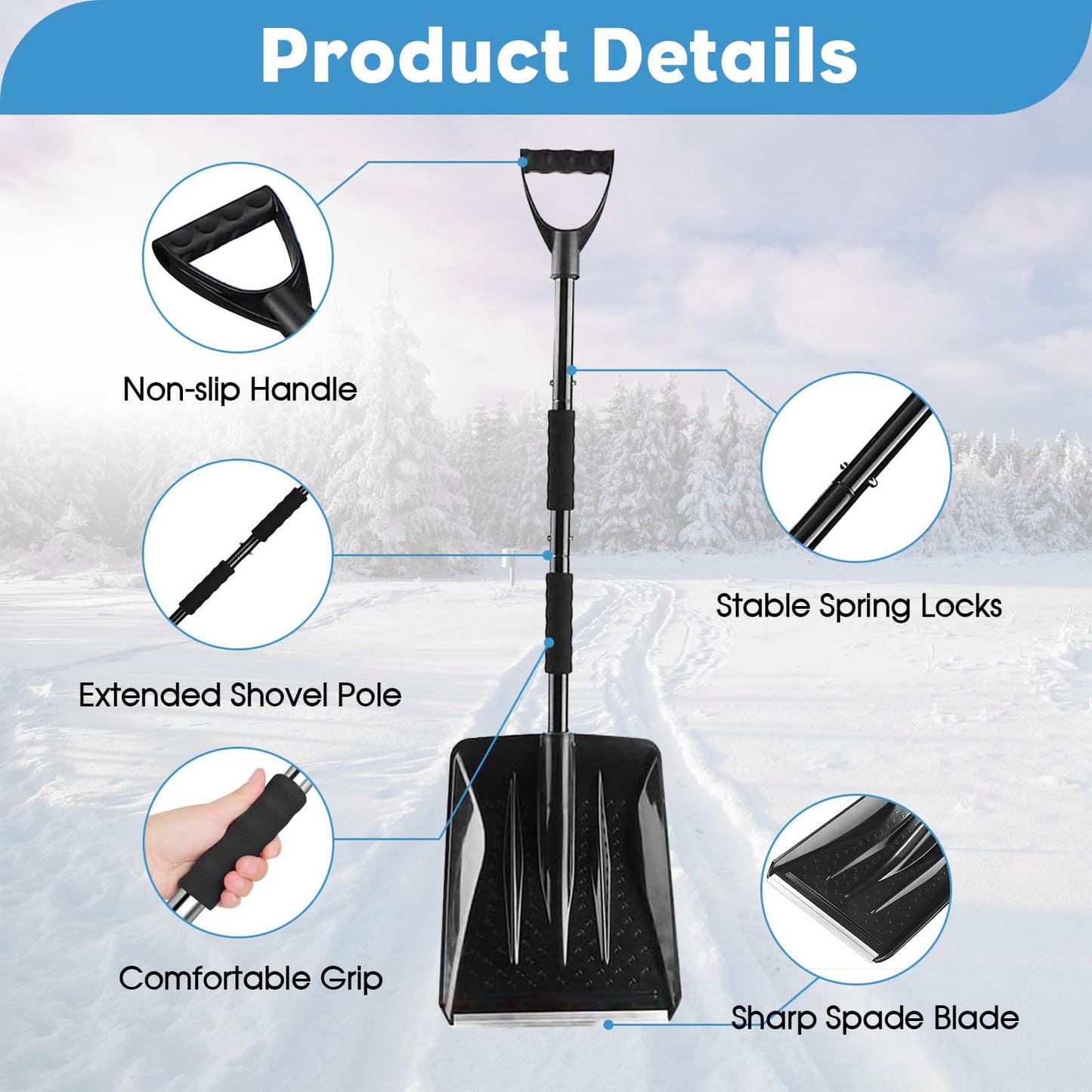 MEETOZ Snow Shovel, 2025 New Upgrade Snow Shovels, Lightweight and Detachable Shovels for Driveway, Portable Shovel for Cars, Home, Garden, Mud and Snowman, Snow Removal(Black)