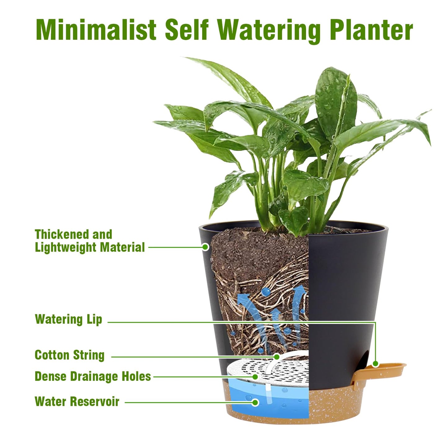 Homeuouz 6 Pack Plastic Plant Pots,Self Watering Plant Pots Indoor,20/17.5/16.5/15/14/12.5CM,Medium Flower Pots with Drainage Holes Saucer and Reservoir for All House Plants(Black)